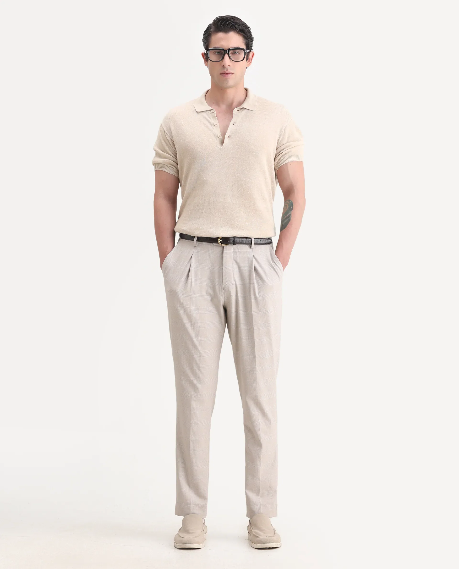 Rare Rabbit Men's Mekko-25 Beige Linen Blend Plain Regular Fit Half Sleeve Polo - Image 2