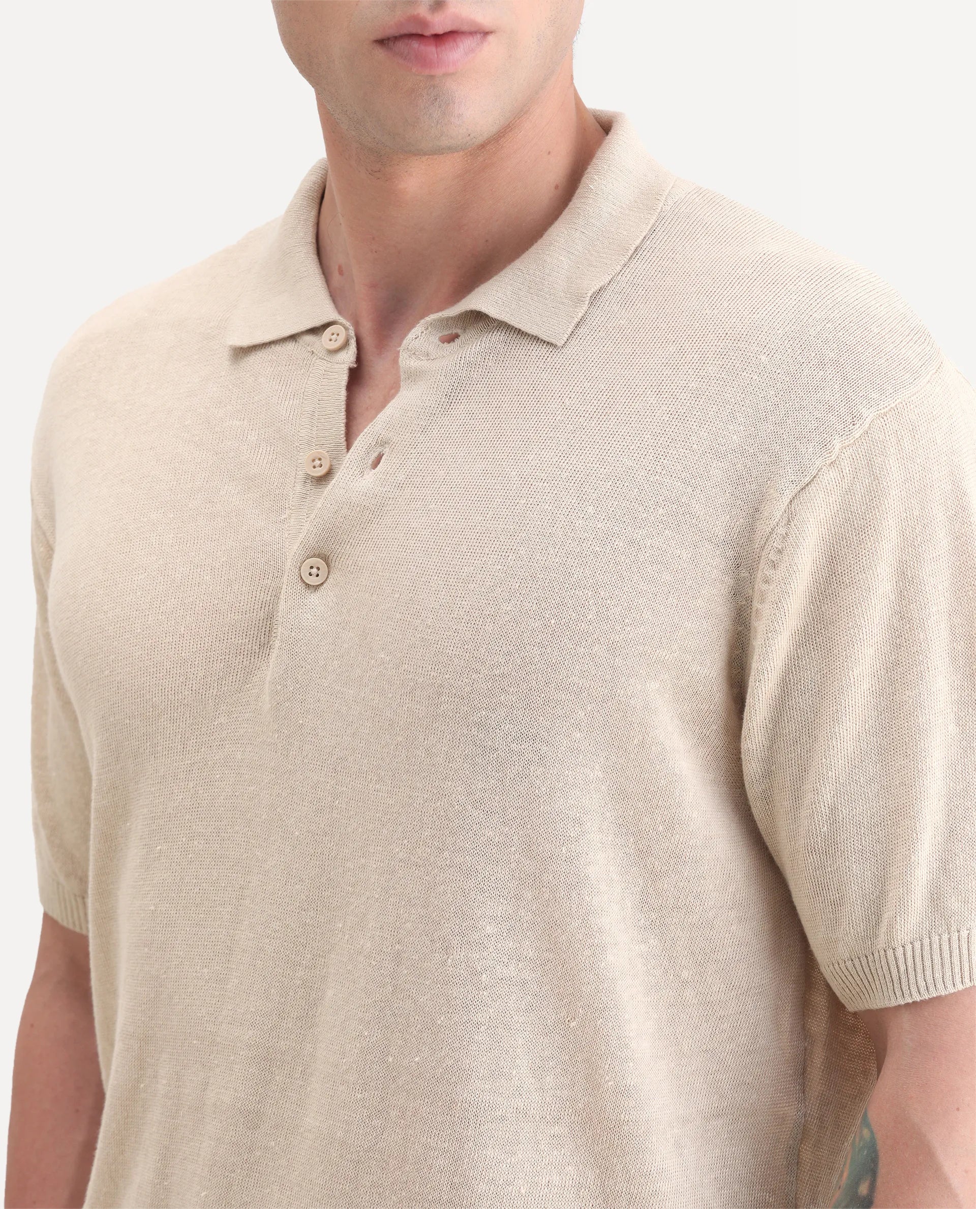 Rare Rabbit Men's Mekko-25 Beige Linen Blend Plain Regular Fit Half Sleeve Polo - Image 3