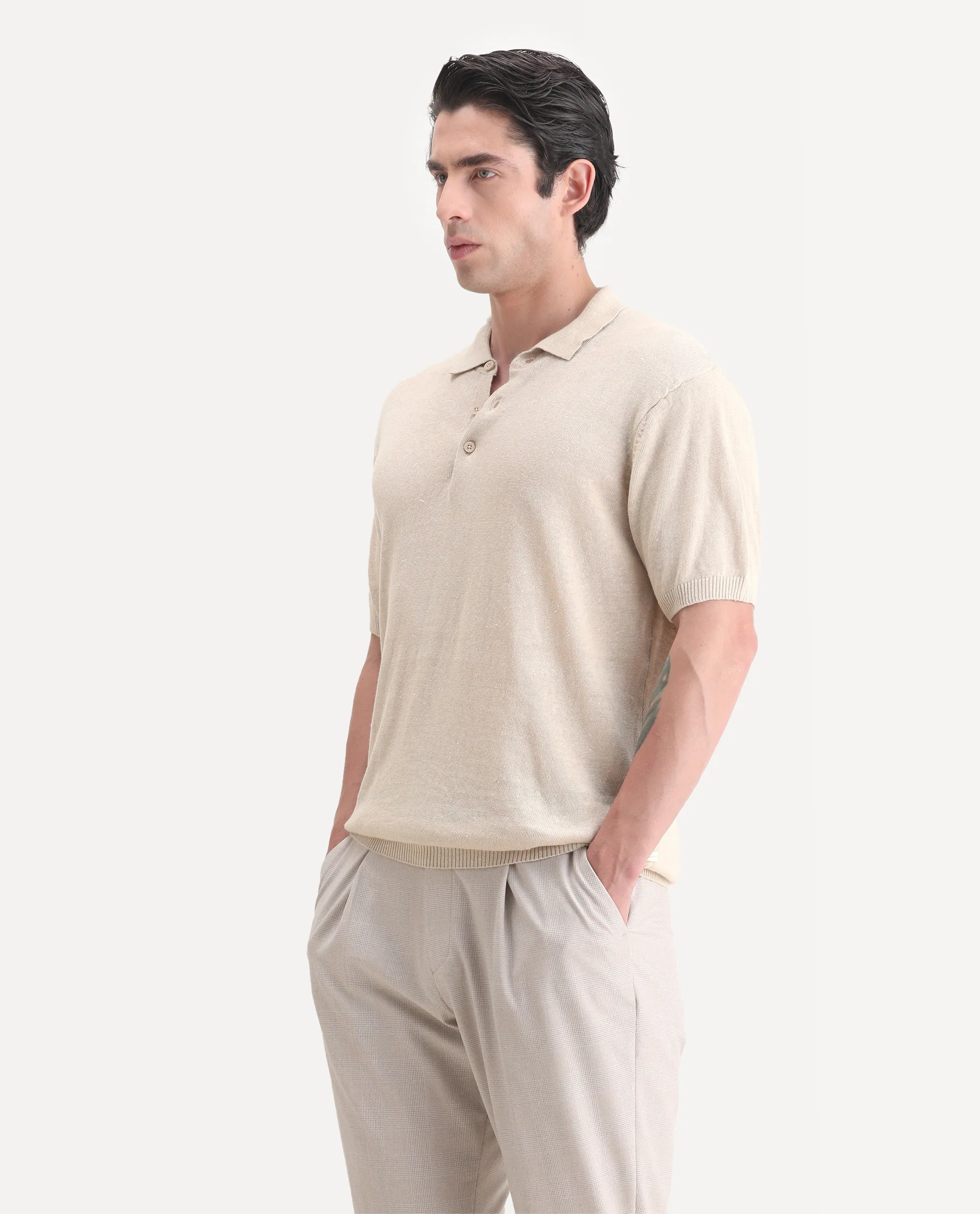 Rare Rabbit Men's Mekko-25 Beige Linen Blend Plain Regular Fit Half Sleeve Polo - Image 4