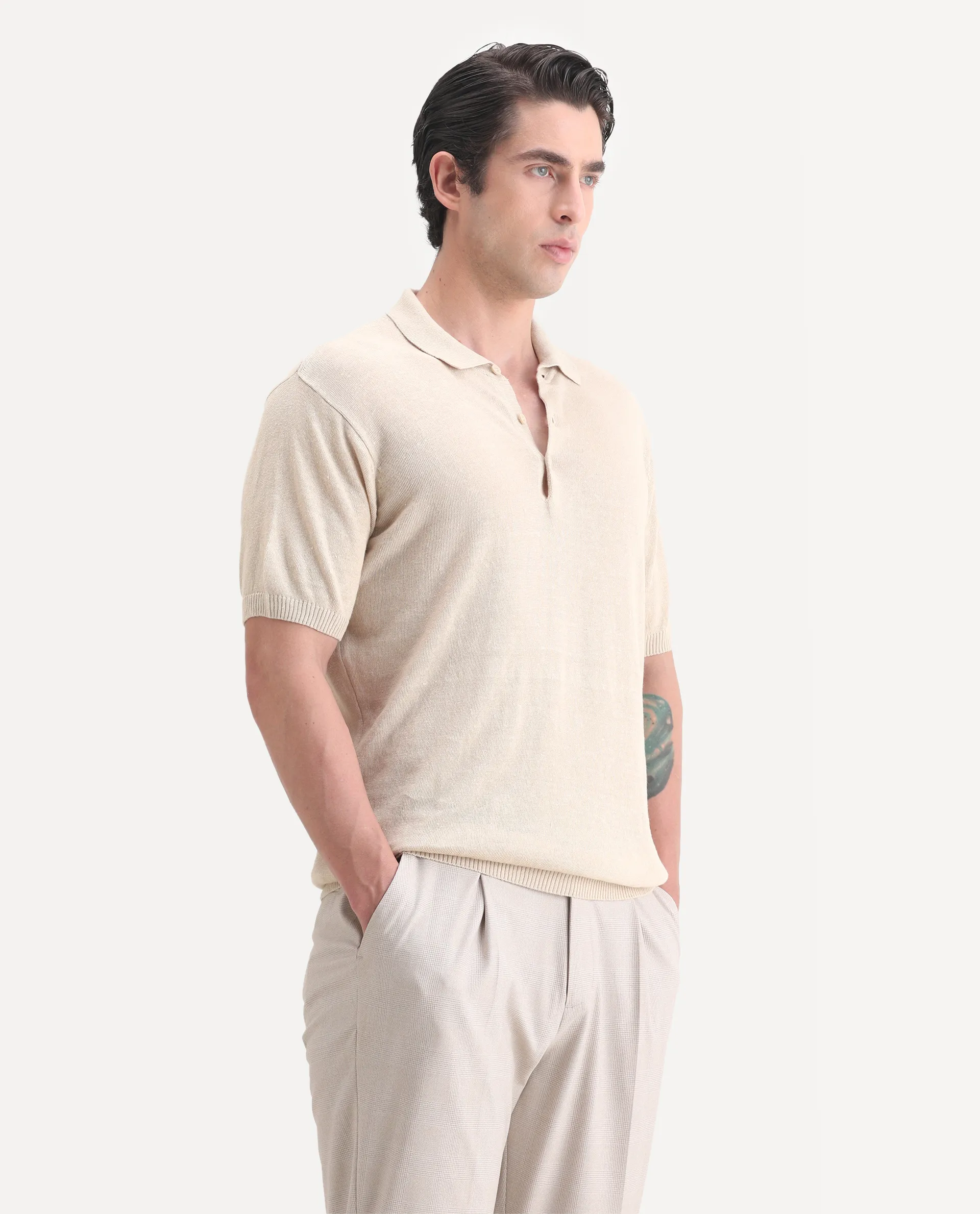 Rare Rabbit Men's Mekko-25 Beige Linen Blend Plain Regular Fit Half Sleeve Polo - Image 5