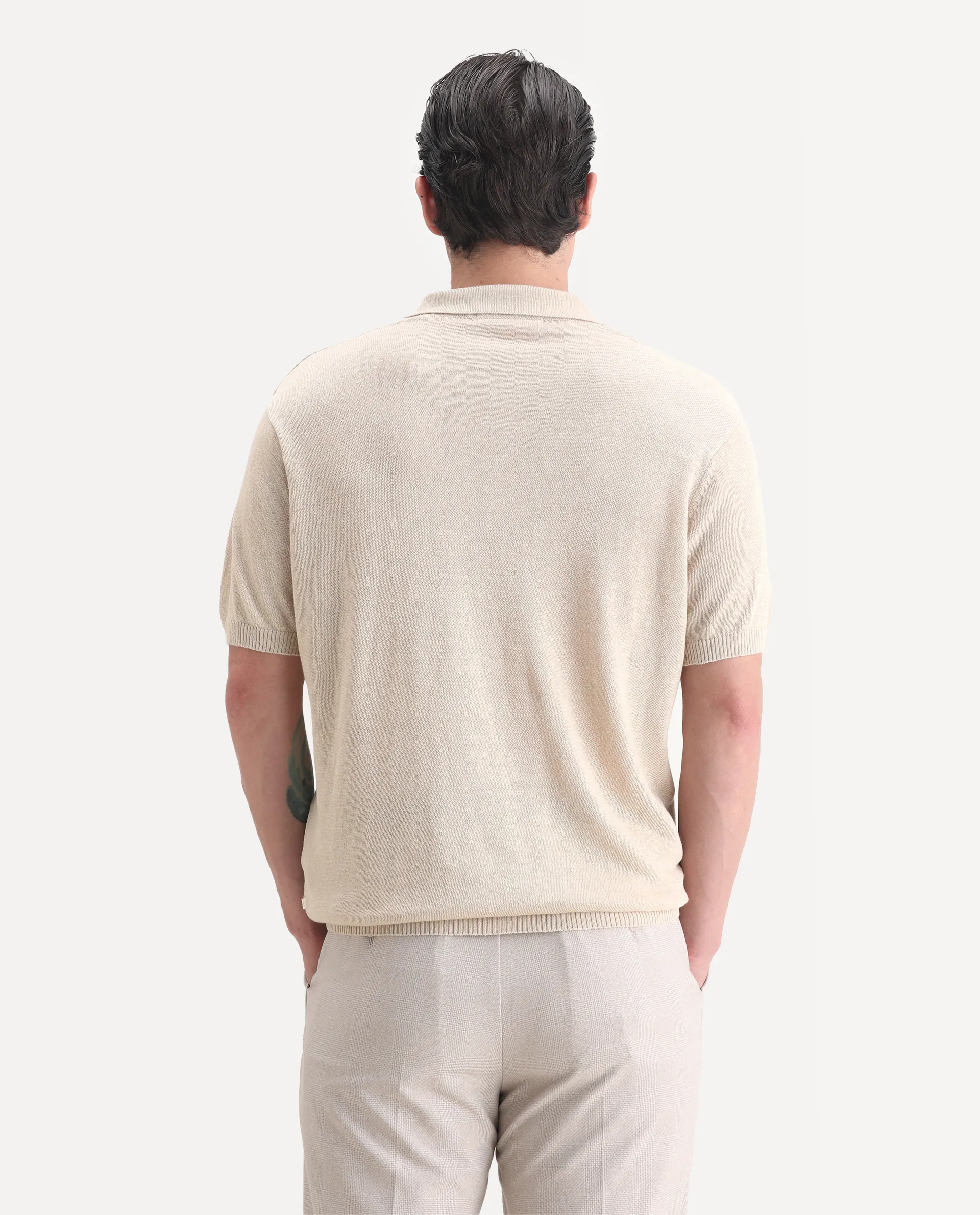 Rare Rabbit Men's Mekko-25 Beige Linen Blend Plain Regular Fit Half Sleeve Polo - Image 6