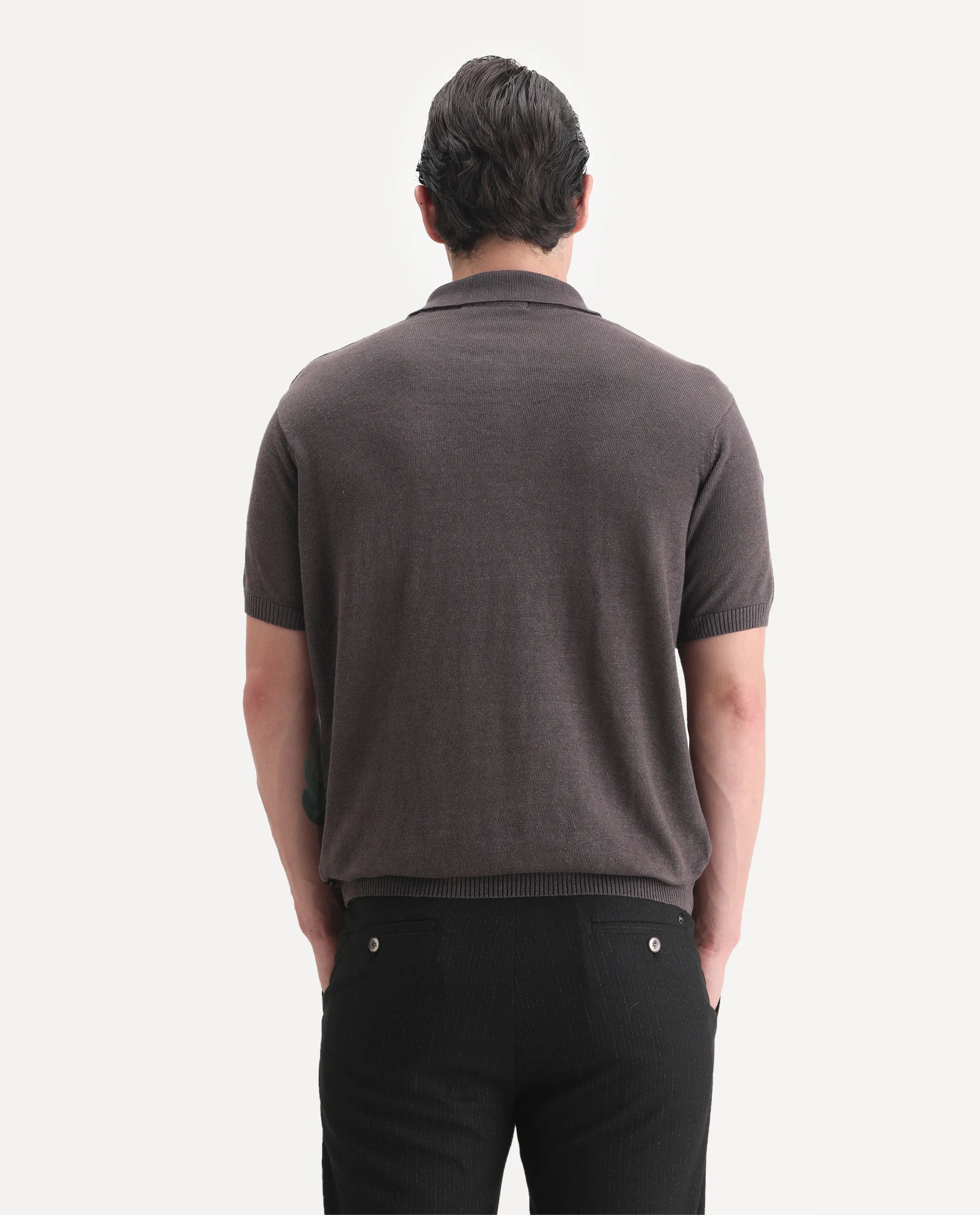 Rare Rabbit Men's Mekko-25 Dark Brown Linen Blend Plain Regular Fit Half Sleeve Polo - Image 6