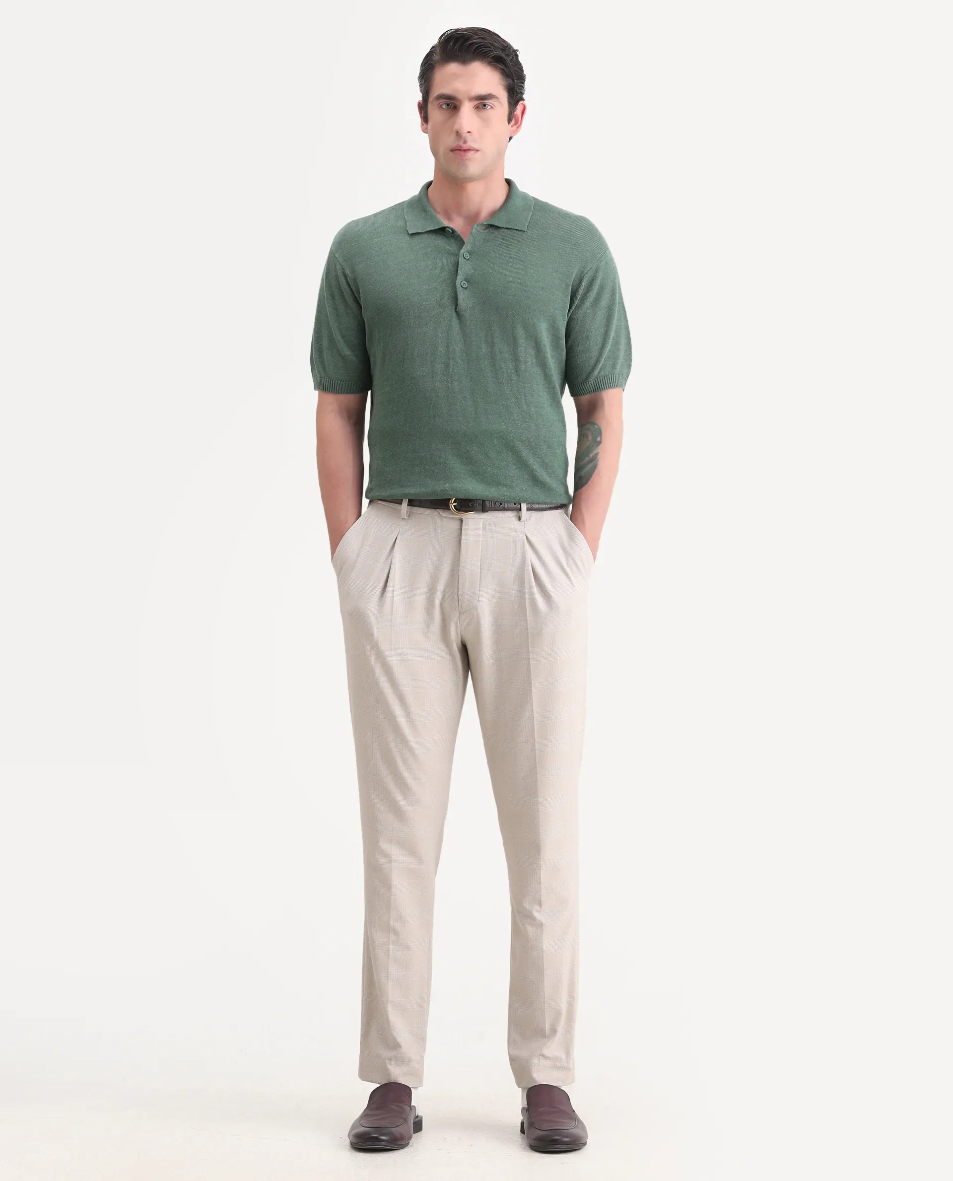 Rare Rabbit Men's Mekko-25 Green Linen Blend Plain Regular Fit Half Sleeve Polo - Image 2
