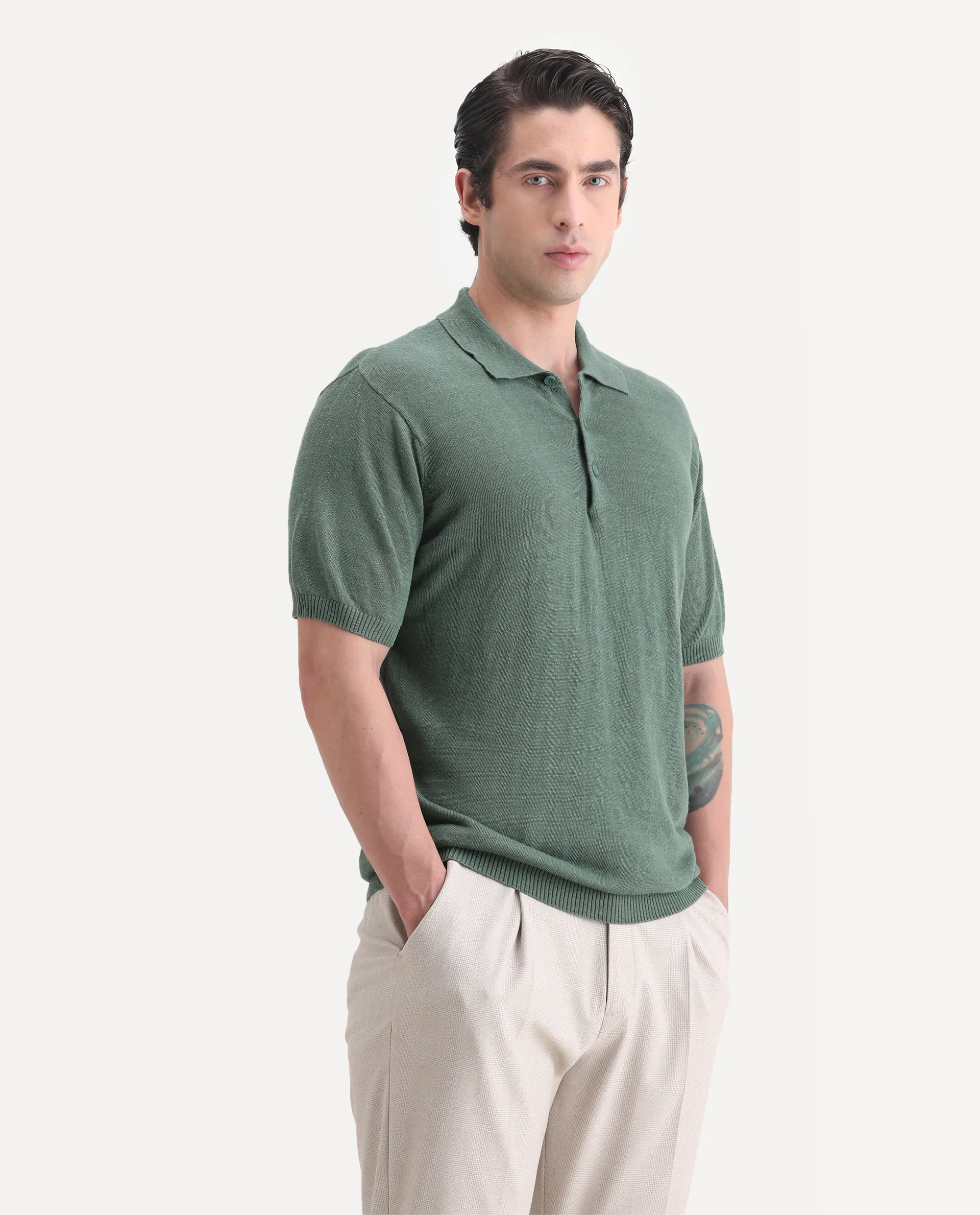 Rare Rabbit Men's Mekko-25 Green Linen Blend Plain Regular Fit Half Sleeve Polo - Image 5