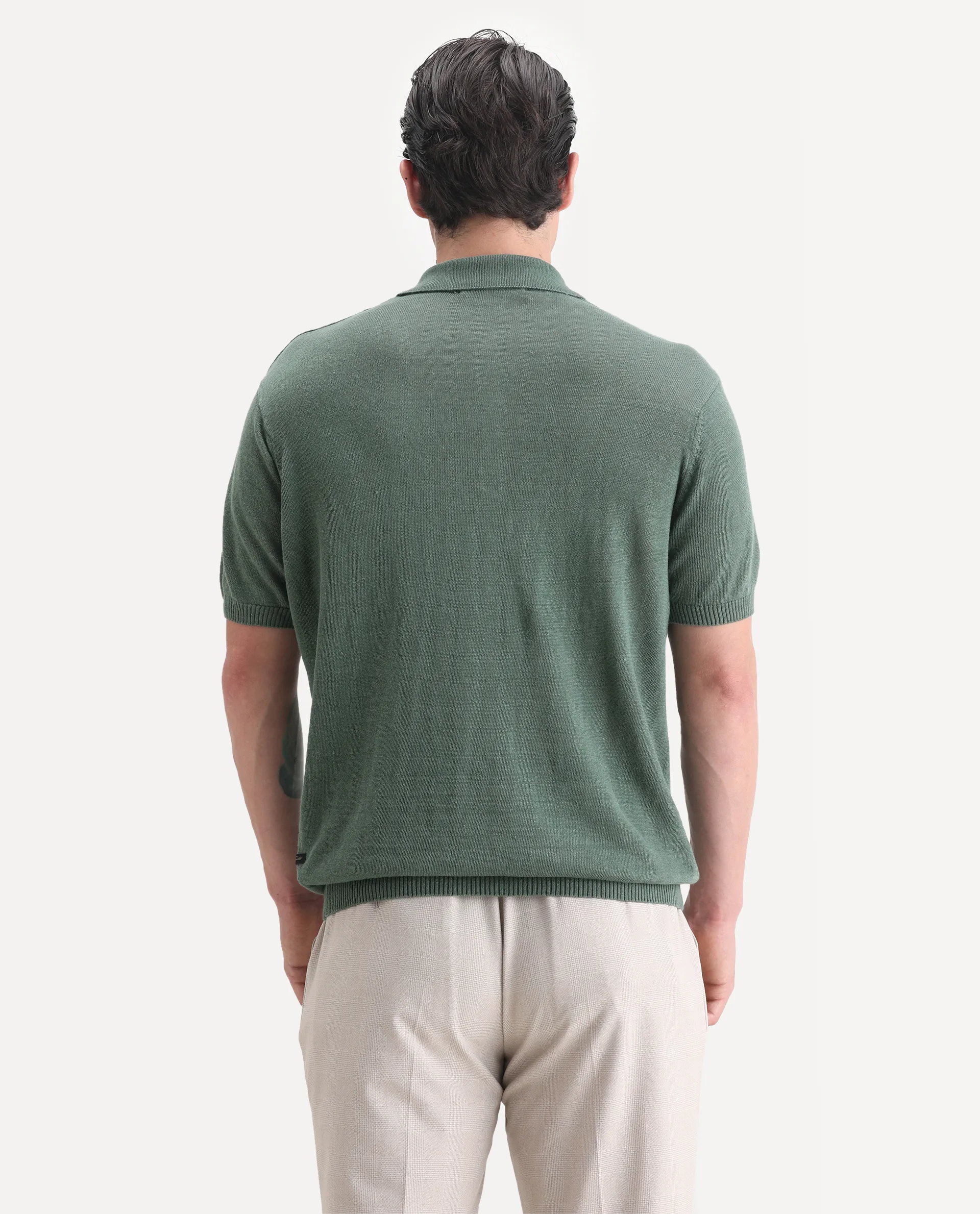 Rare Rabbit Men's Mekko-25 Green Linen Blend Plain Regular Fit Half Sleeve Polo - Image 6