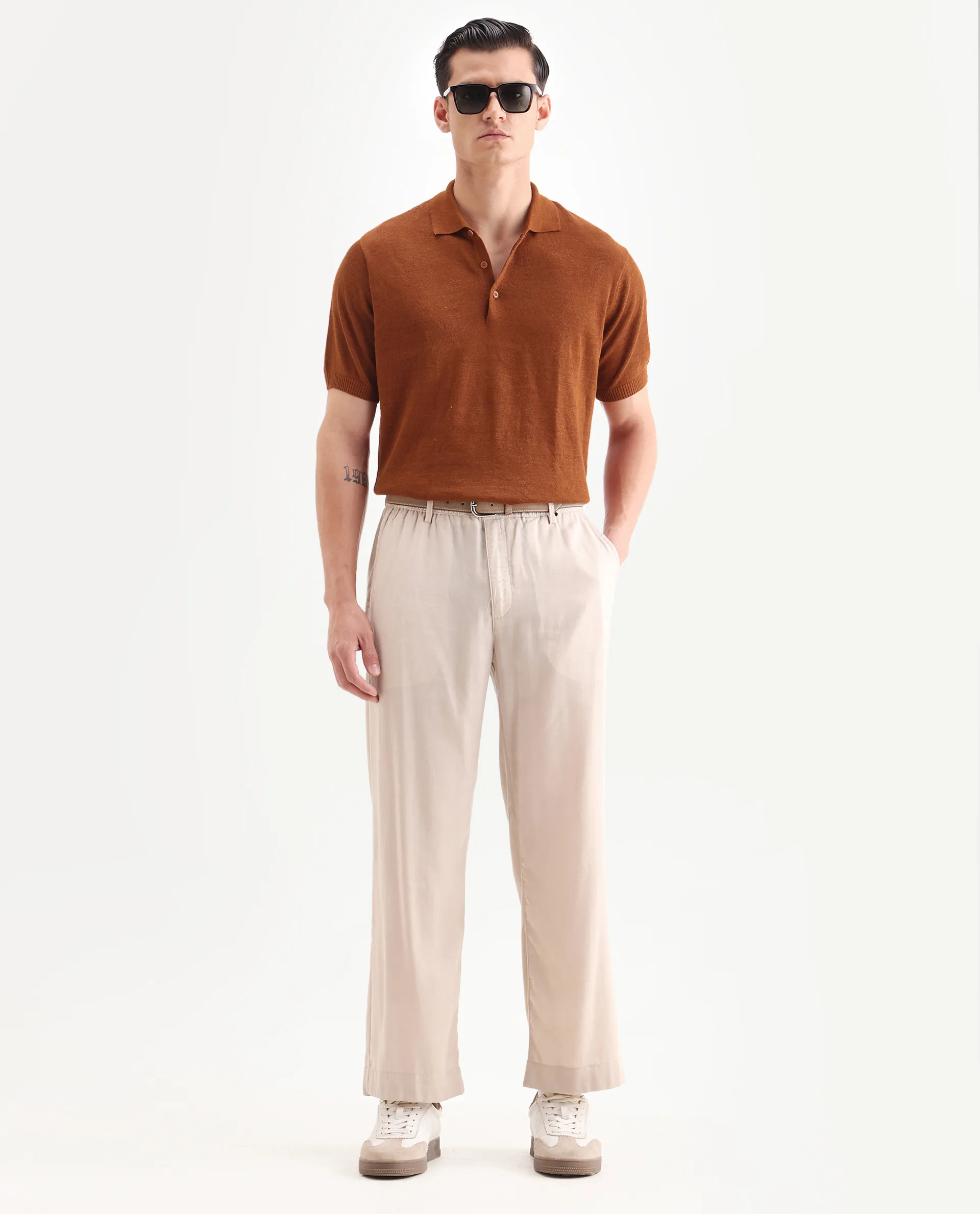 Rare Rabbit Men's Mekko-25 Rust Linen Blend Plain Regular Fit Half Sleeve Polo - Image 2