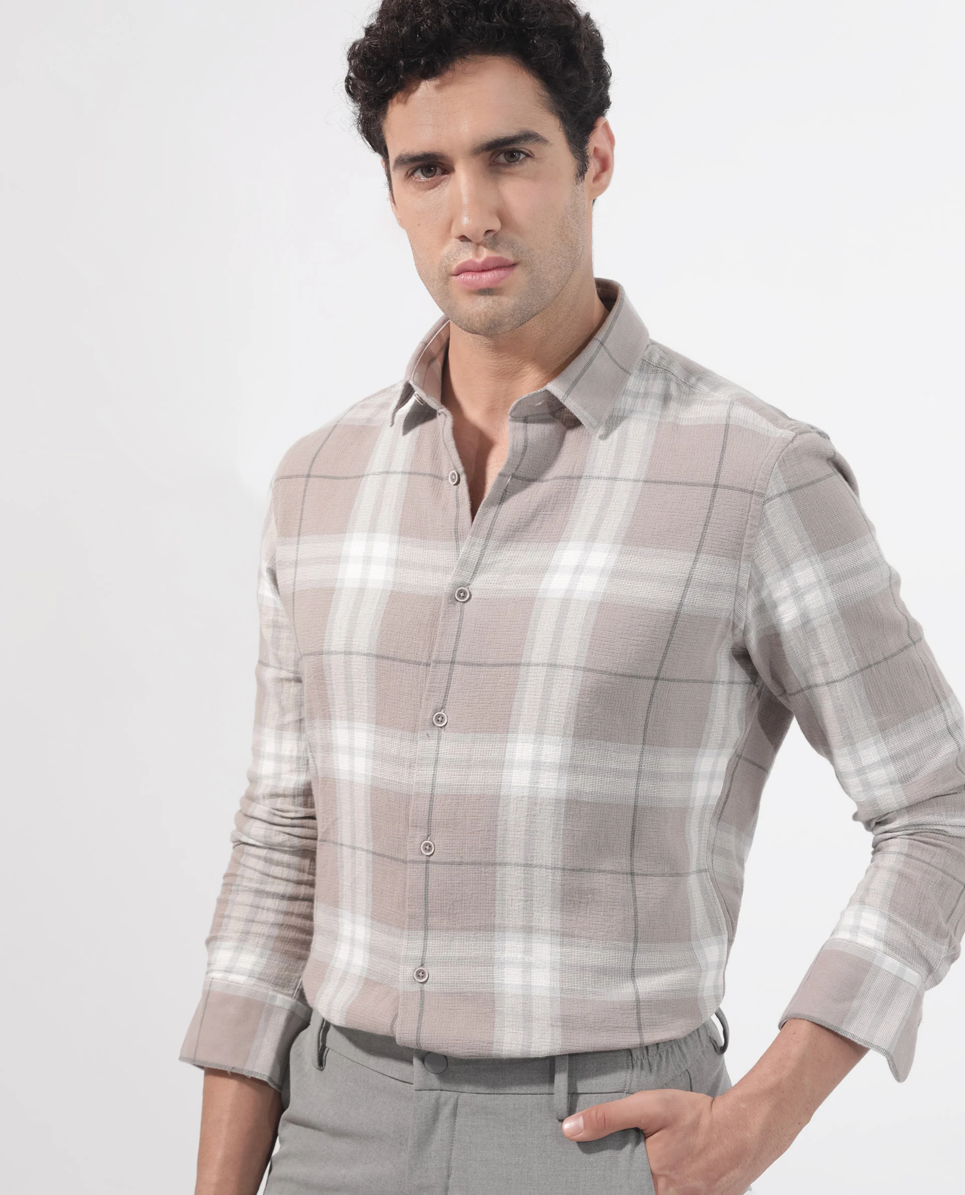 Rare Rabbit Men's Melfi Light Brown Cotton Checked Print Regular Fit Full Sleeve Collared Shirt - Image 3