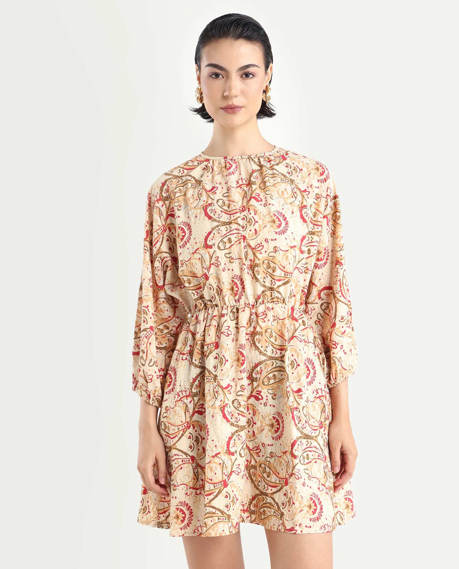 Rareism Women's Mellona Multi Polyester Round Neck Paisley Print Mini Fit And Flare Dress - Image 3