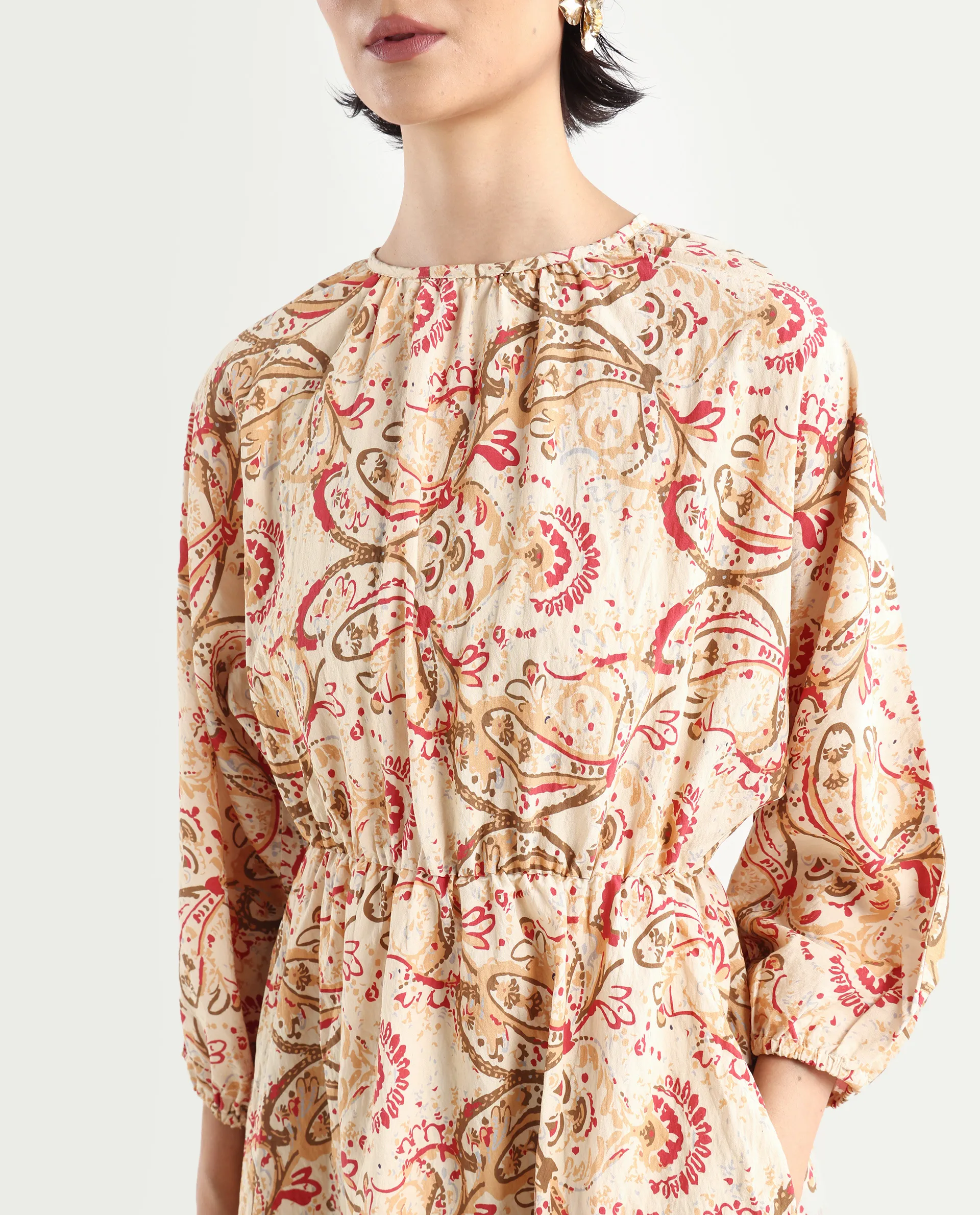Rareism Women's Mellona Multi Polyester Round Neck Paisley Print Mini Fit And Flare Dress - Image 4