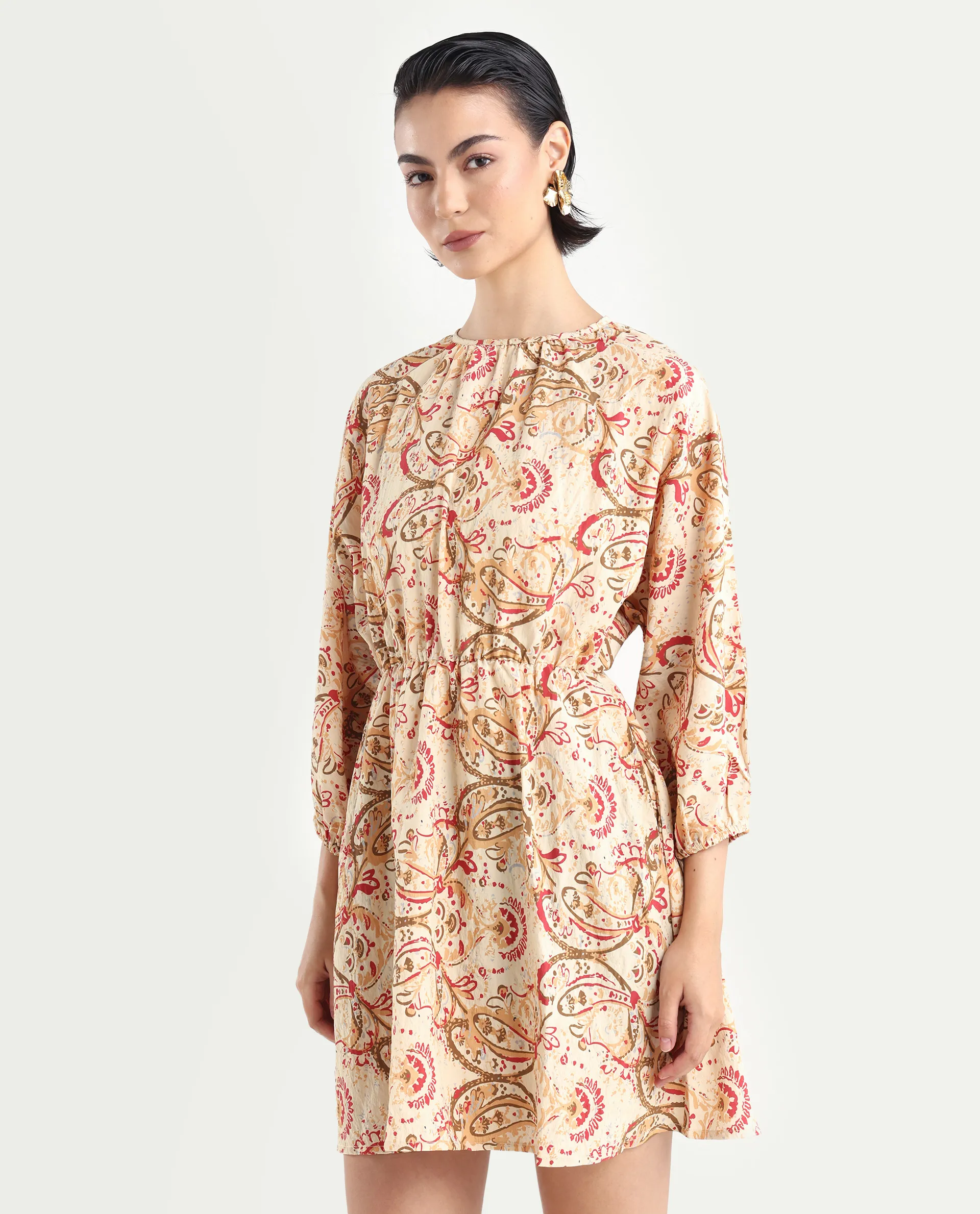 Rareism Women's Mellona Multi Polyester Round Neck Paisley Print Mini Fit And Flare Dress - Image 5