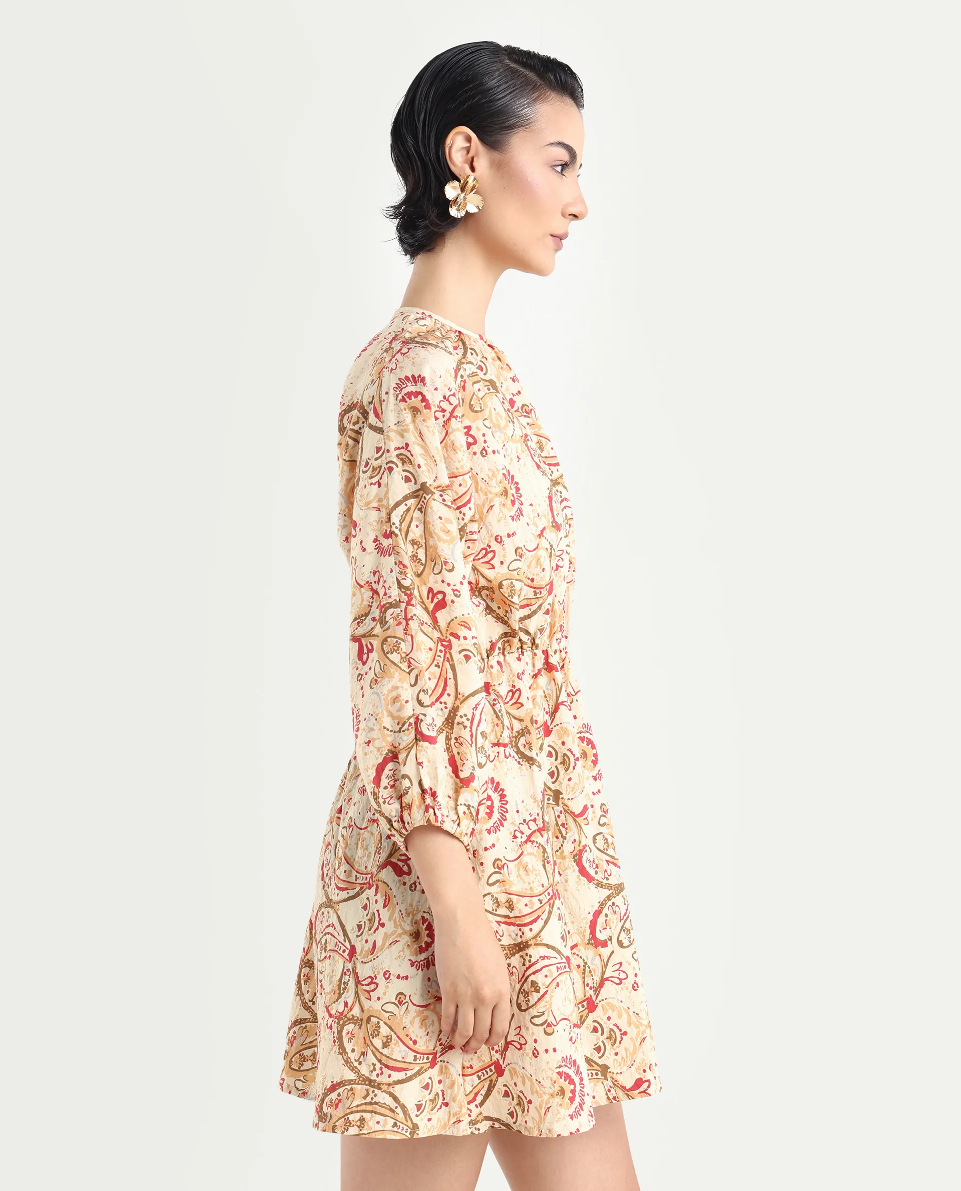 Rareism Women's Mellona Multi Polyester Round Neck Paisley Print Mini Fit And Flare Dress - Image 6