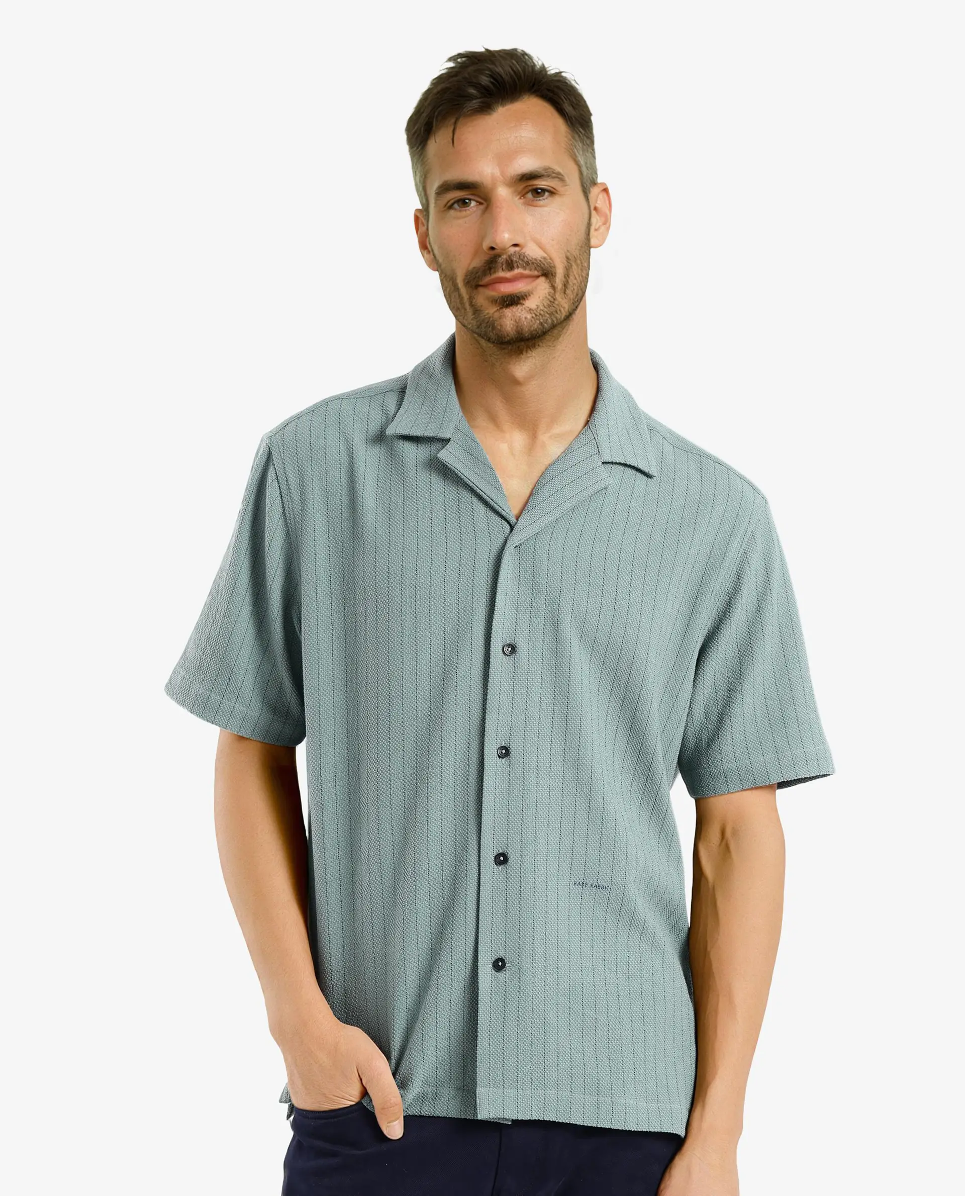 Rare Rabbit Men's Melon Dusky Green Striped Print Boxy Fit Half Sleeve Cuban Collar Shirt