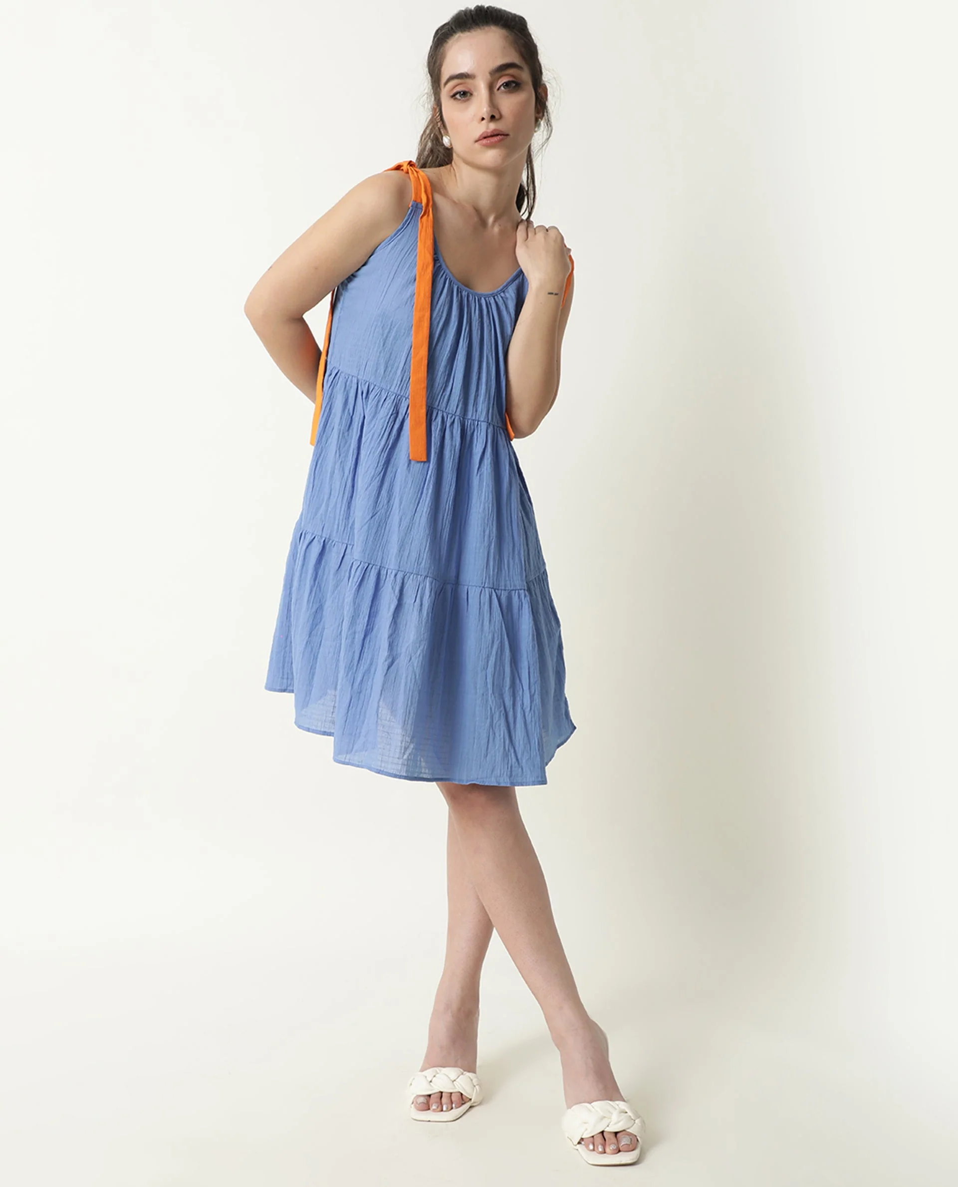 Rareism Womens Melt Blue Dress Cotton Fabric Regular Fit Sleeveless Scoop Neck