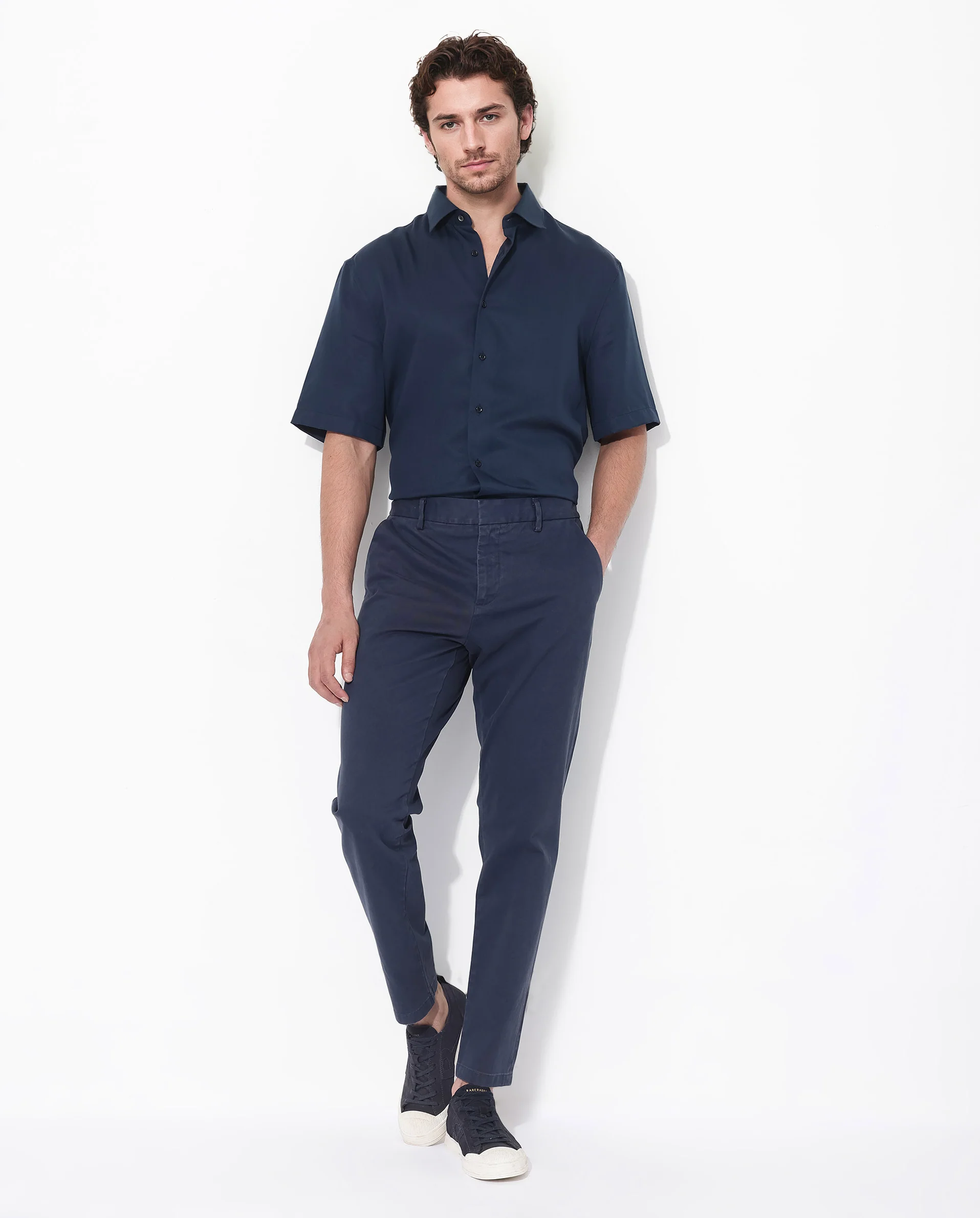 Rare Rabbit Men's Memo Ss Navy Tencel Plain Boxy Fit Half Sleeve Collared Shirt - Image 2