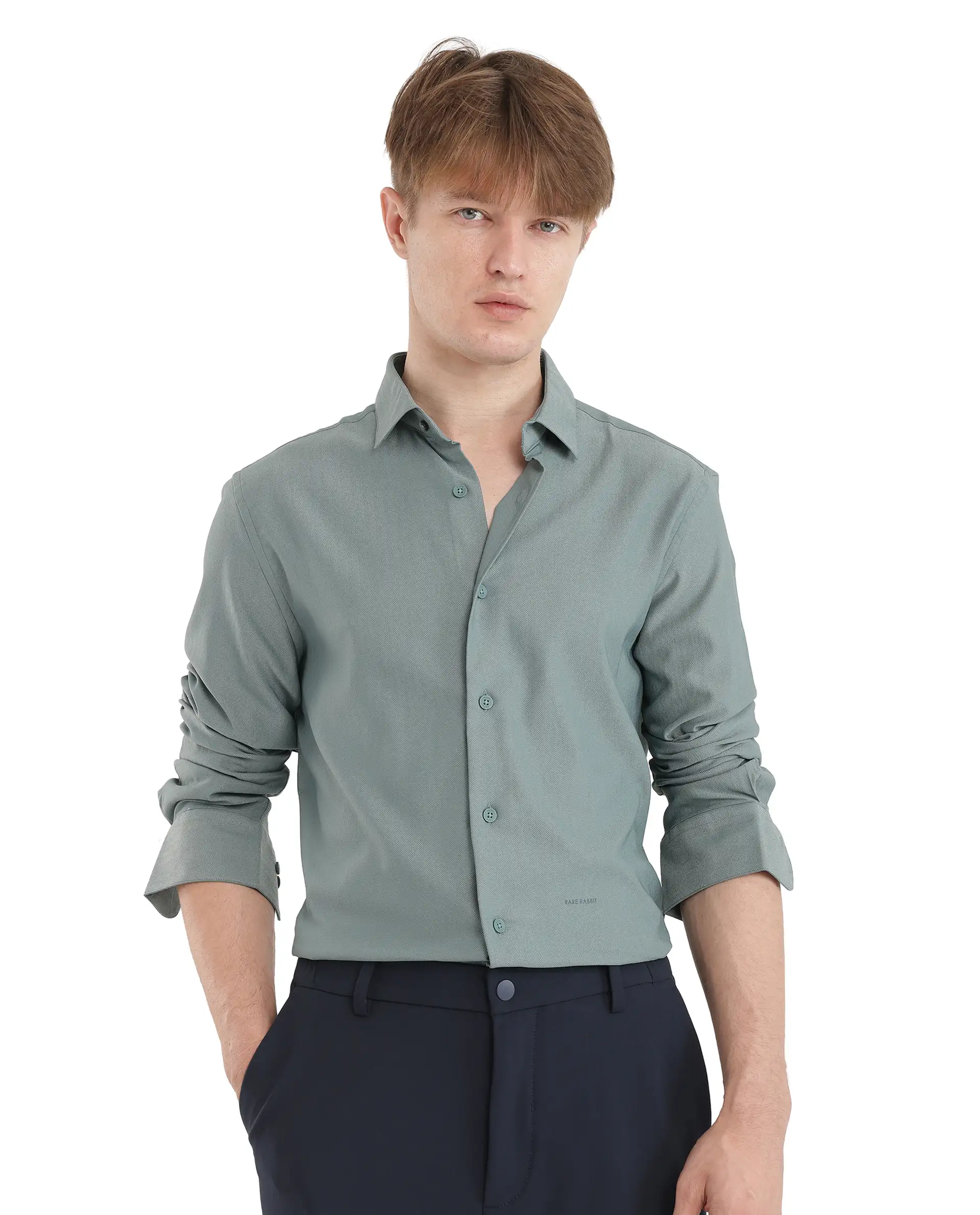 Rare Rabbit Men's Mer-25 Dusky Green Viscose Blend Textured Regular Fit Full Sleeve Collared Shirt