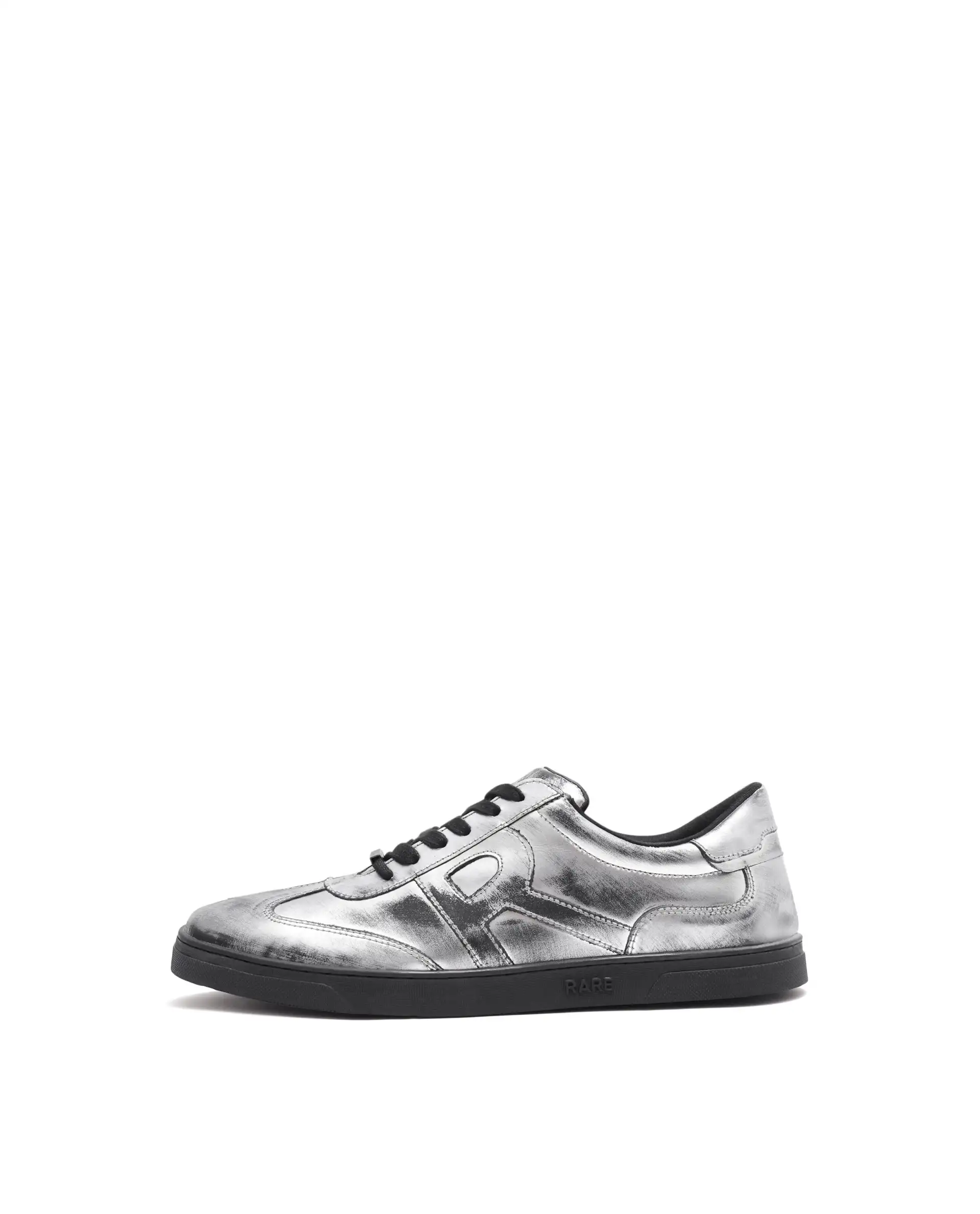 Rare Rabbit Mens Mercure Metallic Silver Round Toe Shiny Burnt Leather Sneaker Shoes