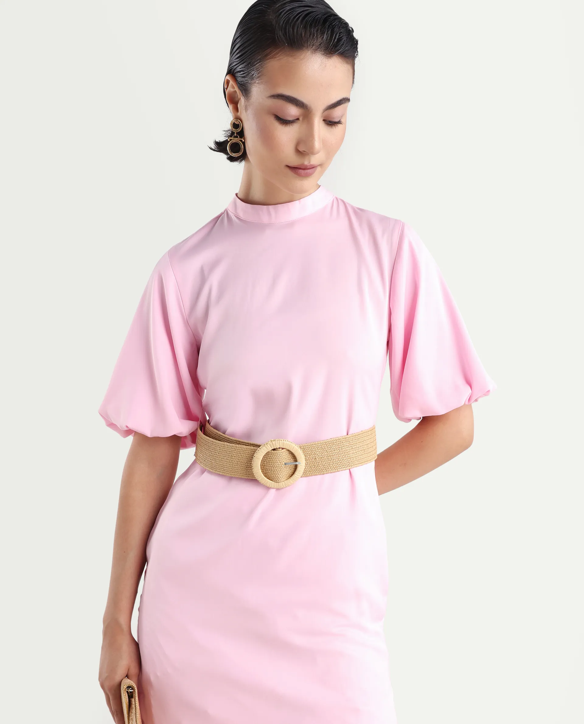 Rareism Women's Metz Light Pink Satin High Neck Dyed Balloon Sleeve Midi Bodycon Dress - Image 3