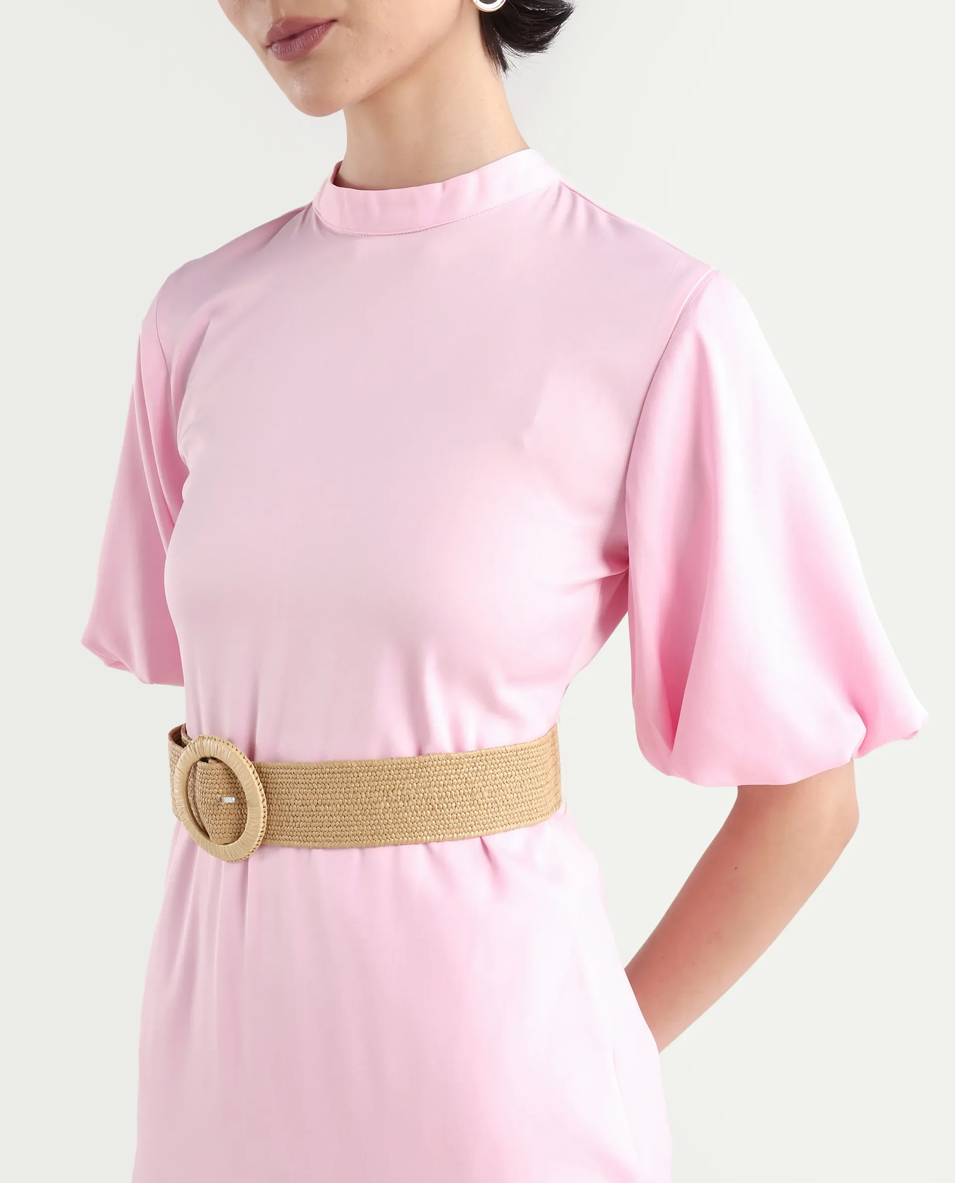 Rareism Women's Metz Light Pink Satin High Neck Dyed Balloon Sleeve Midi Bodycon Dress - Image 4