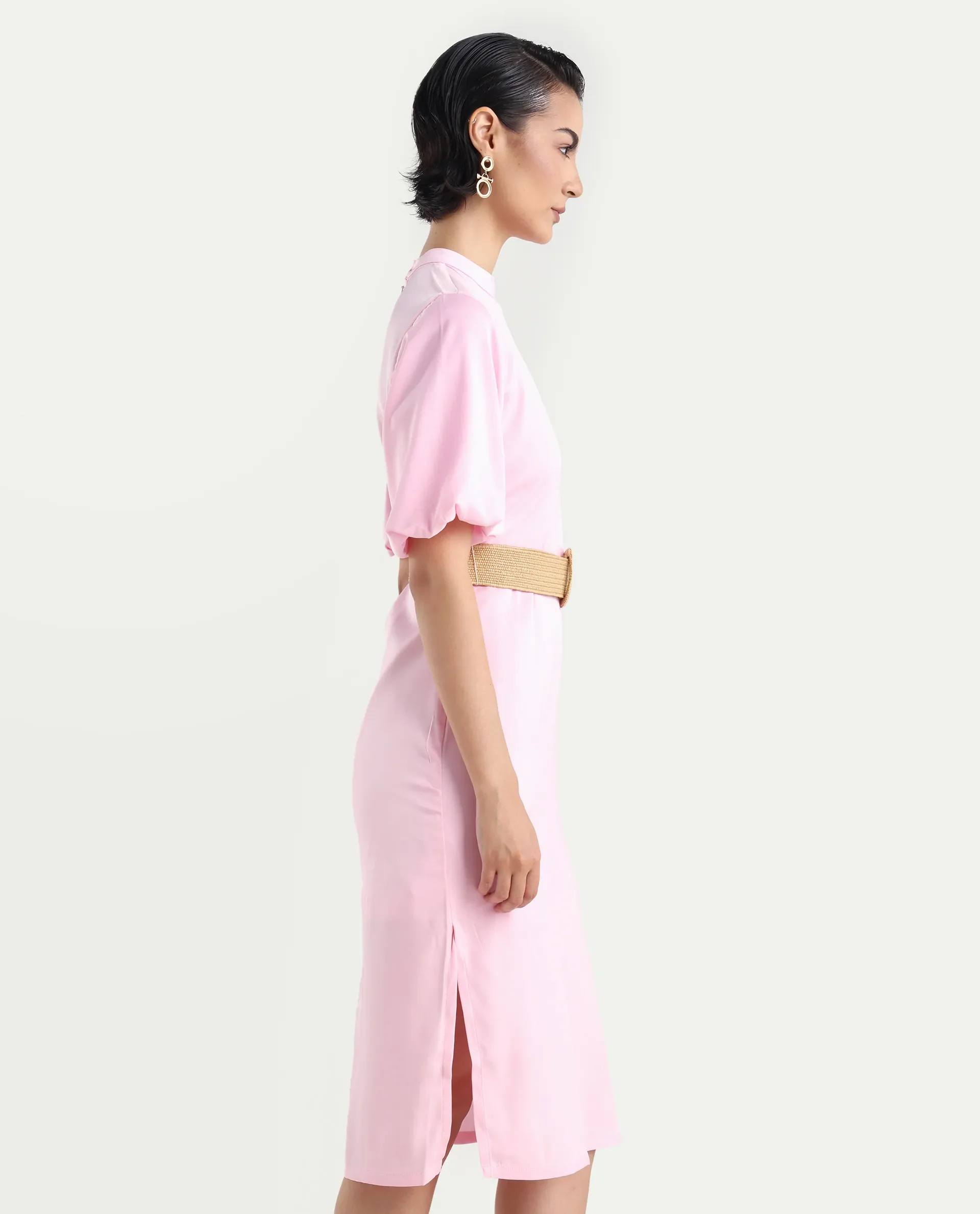 Rareism Women's Metz Light Pink Satin High Neck Dyed Balloon Sleeve Midi Bodycon Dress - Image 6