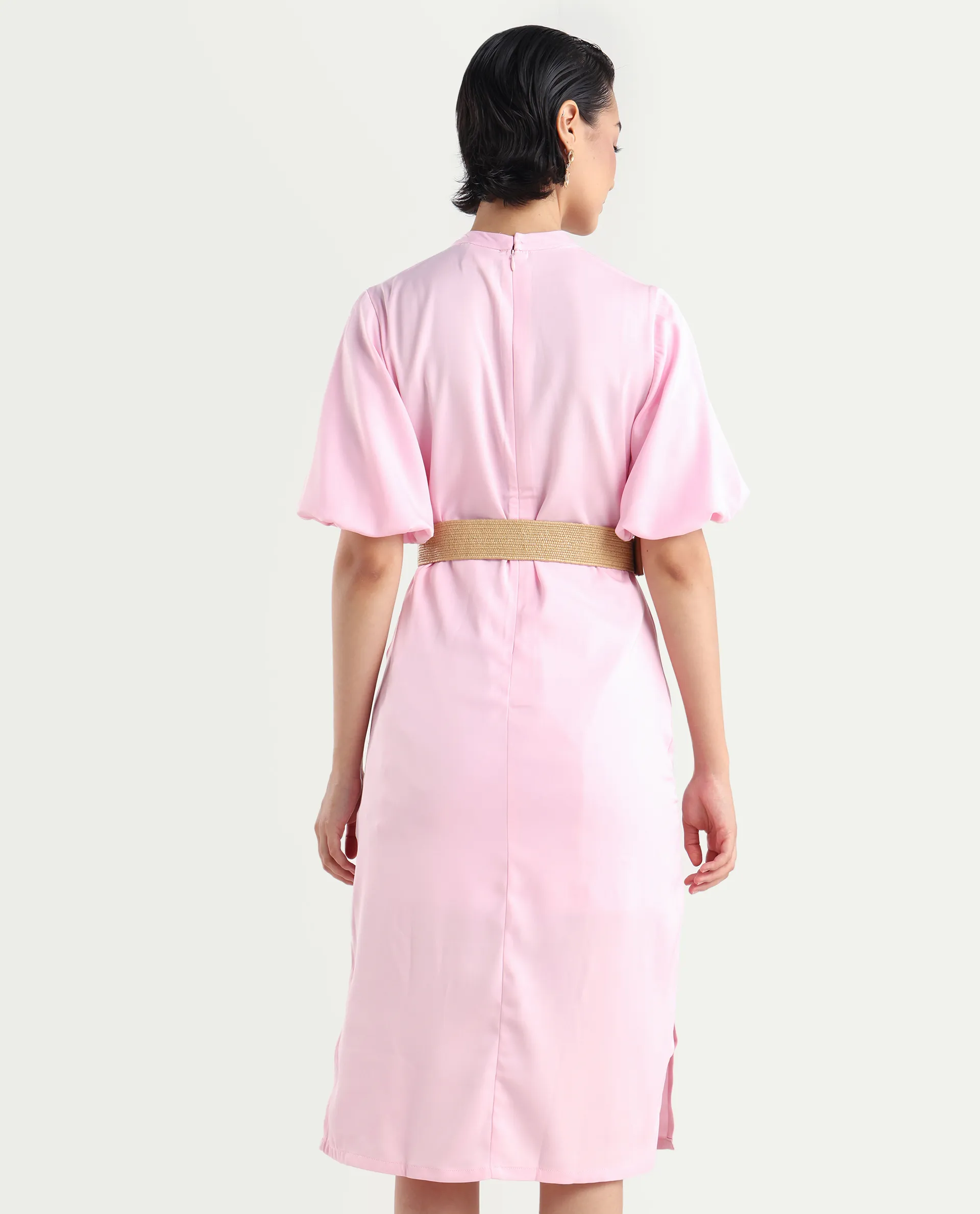 Rareism Women's Metz Light Pink Satin High Neck Dyed Balloon Sleeve Midi Bodycon Dress - Image 7
