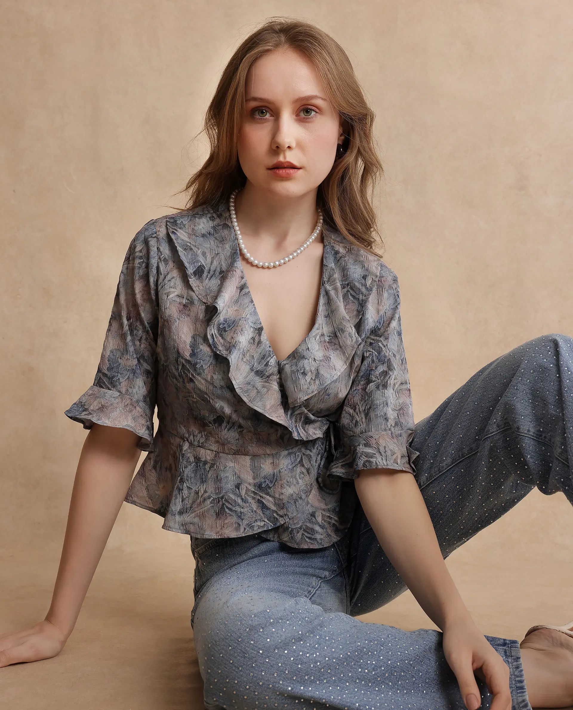 Rareism Women's Miben Dusky Multi Polyester Blend Ruffled Neck Floral Print Crop Regular Fit Top