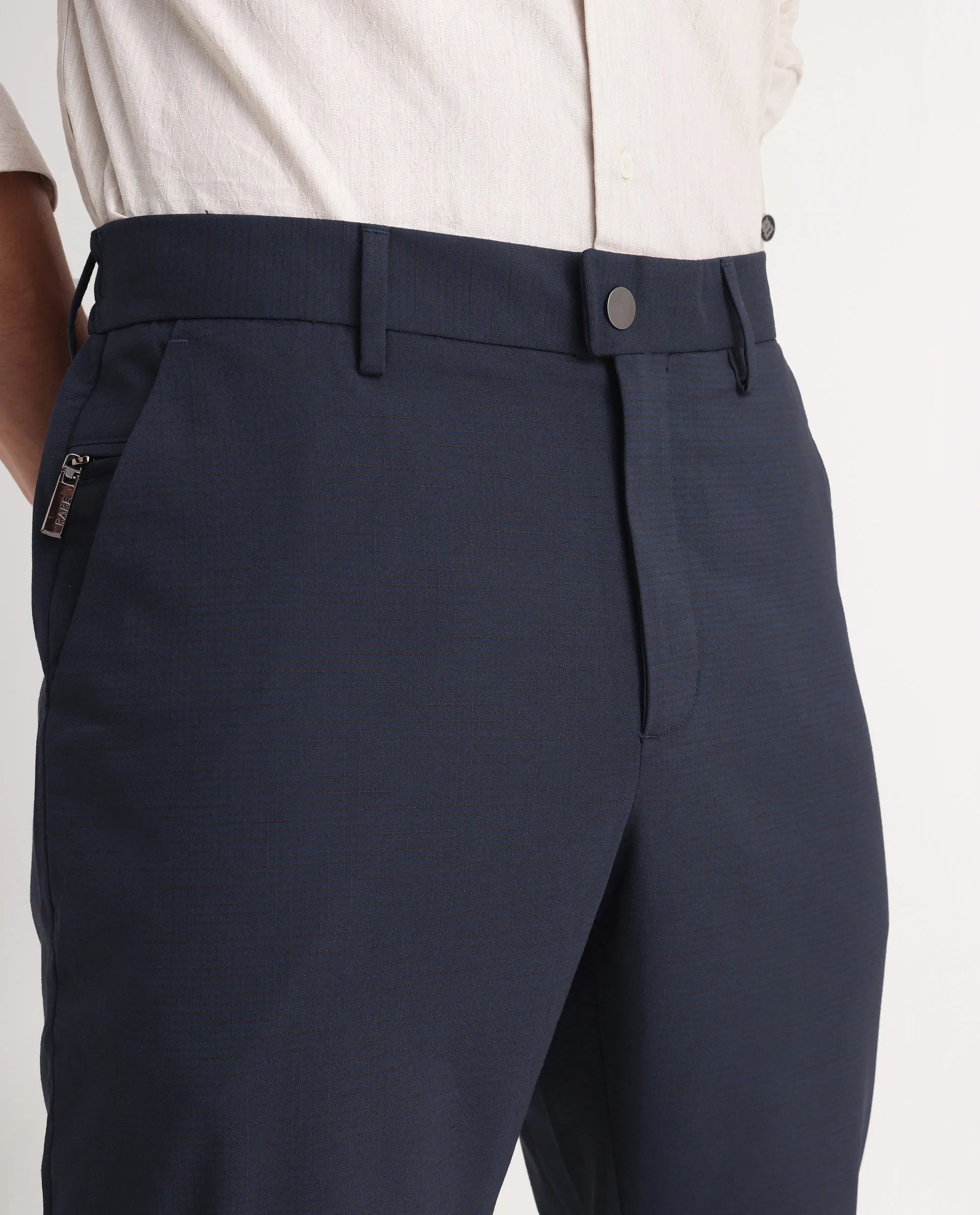 Rare Rabbit Men's Micras Navy Cotton Blend Checked Print Regular Fit Trouser - Image 3