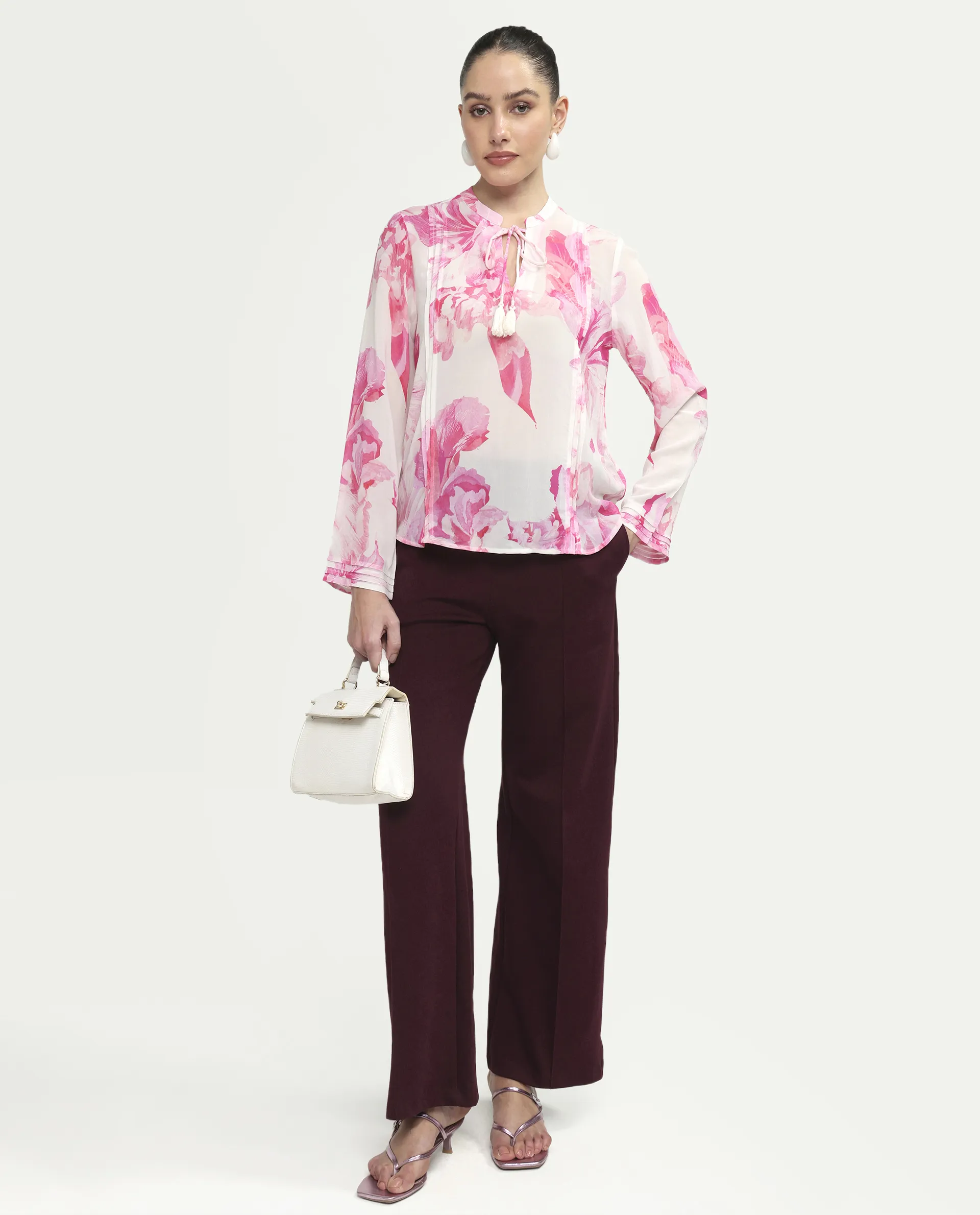 Rareism Women's Mijok Off White Viscose Full Sleeve Tie-Up Regular Floral Print Top - Image 2