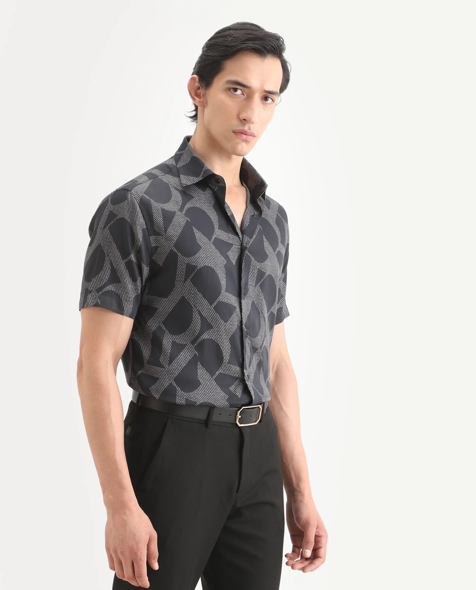 Rare Rabbit Men's Milo Black Cotton Fabric Half Sleeve Spread Collar Regular Fit Monogram Print Shirt - Image 5