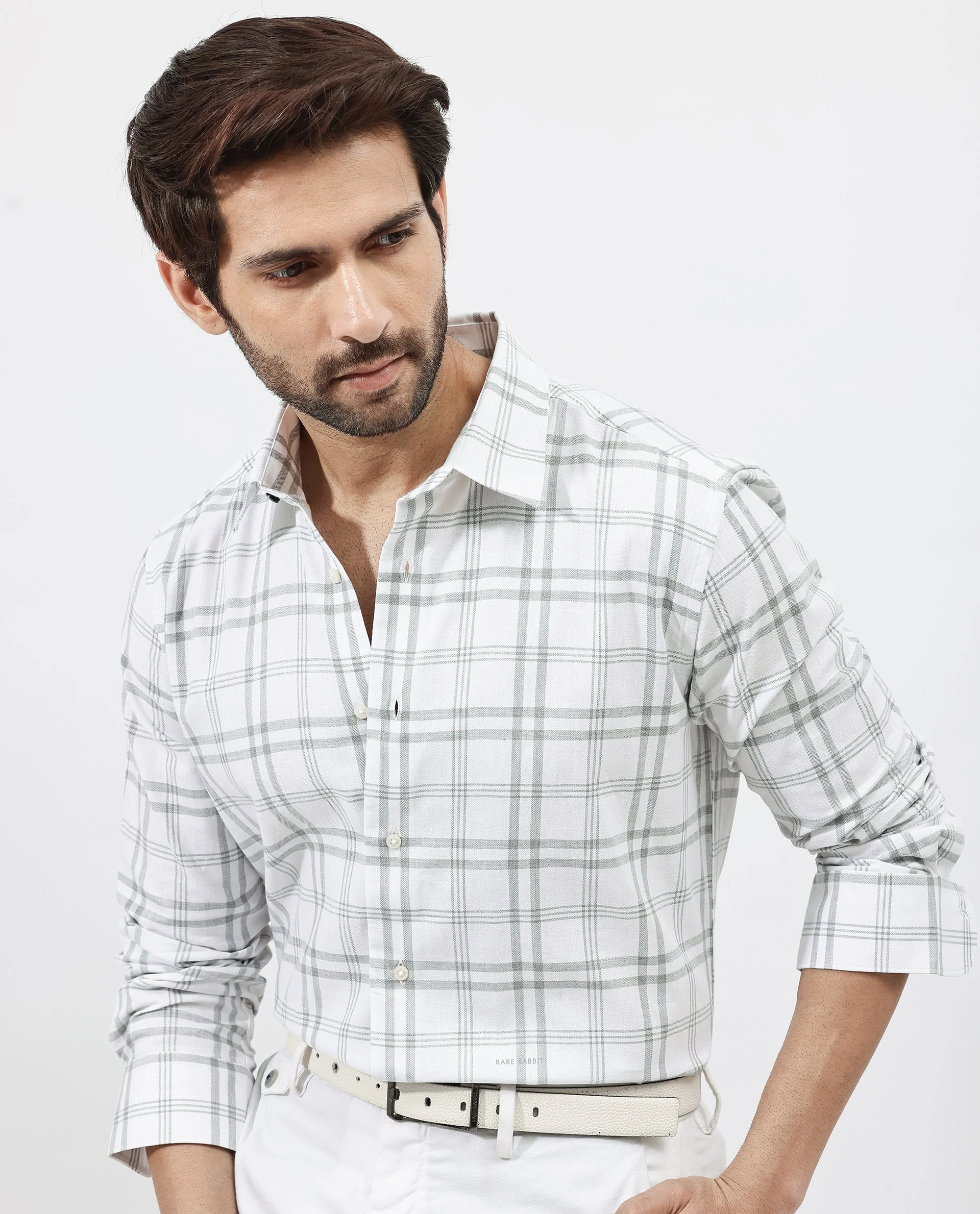 Rare Rabbit Men's Milton Off White Cotton Checked Print Regular Fit Full Sleeve Collared Shirt
