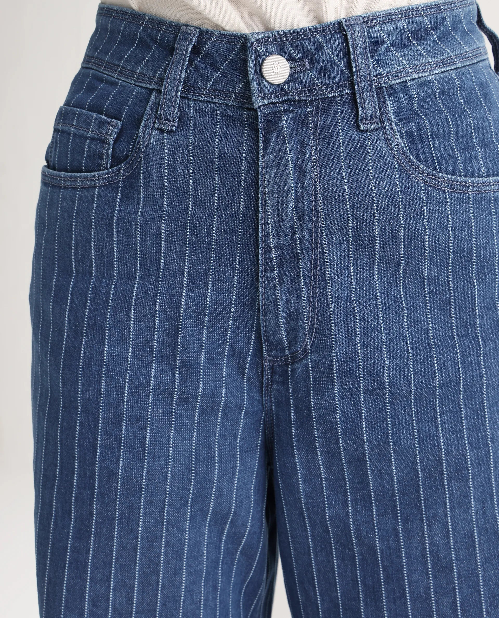 Rareism Women's Minik Blue Cotton Blend Striped Ankle Length Wide Jeans - Image 3