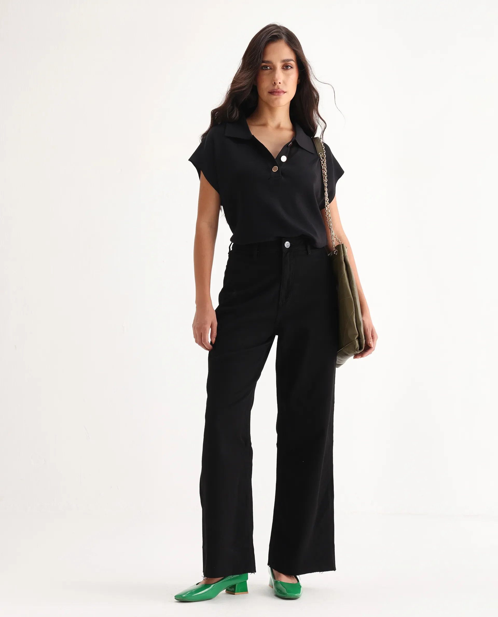Rareism Women's Miniko Black Cotton Blend Plain Ankle Length Effortless Wide Jeans
