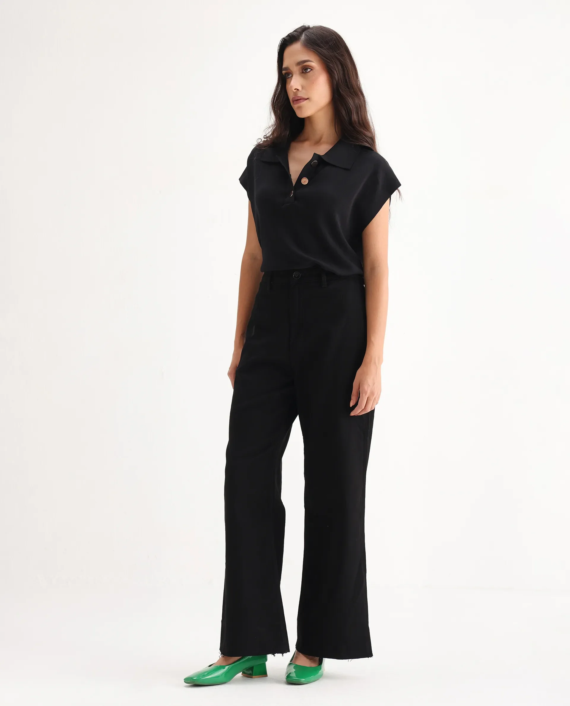 Rareism Women's Miniko Black Cotton Blend Plain Ankle Length Effortless Wide Jeans - Image 6