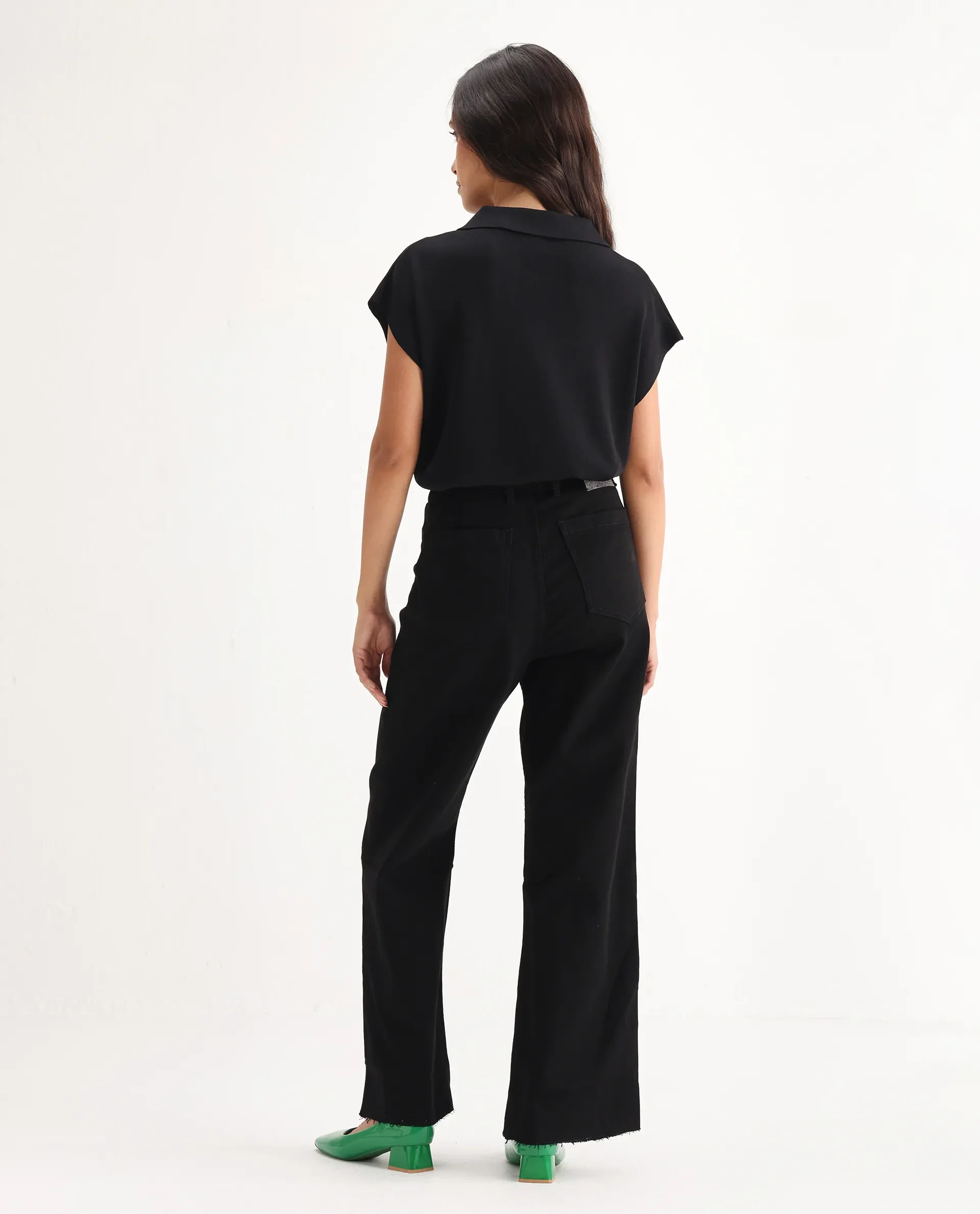 Rareism Women's Miniko Black Cotton Blend Plain Ankle Length Effortless Wide Jeans - Image 8