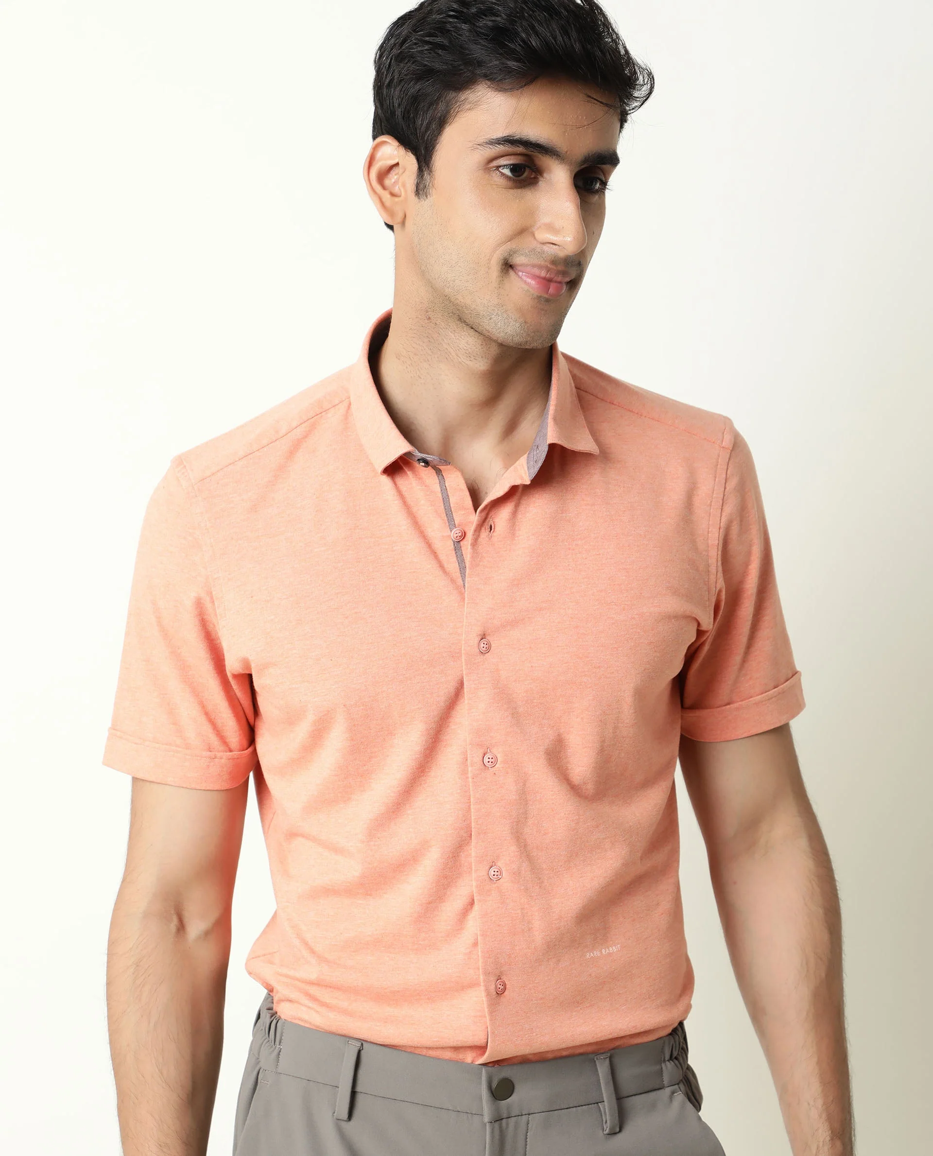 Rare Rabbit Men's Miraj Orange Cotton Plain Regular Fit Half Sleeve Collared Shirt