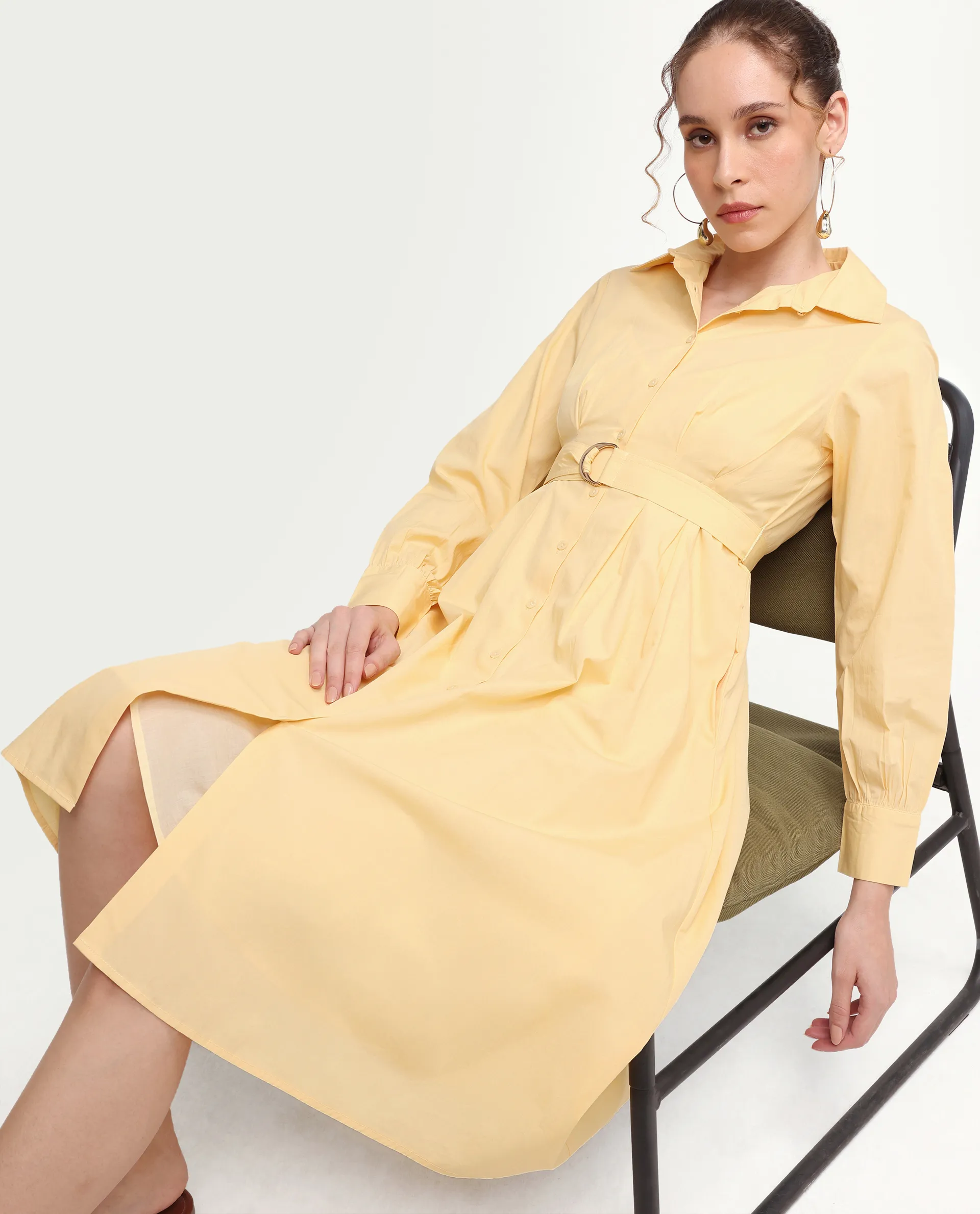 Rareism Women's Misar Light Yellow Cotton Blend Full Sleeve Spread Collar A-Line Dress - Image 2