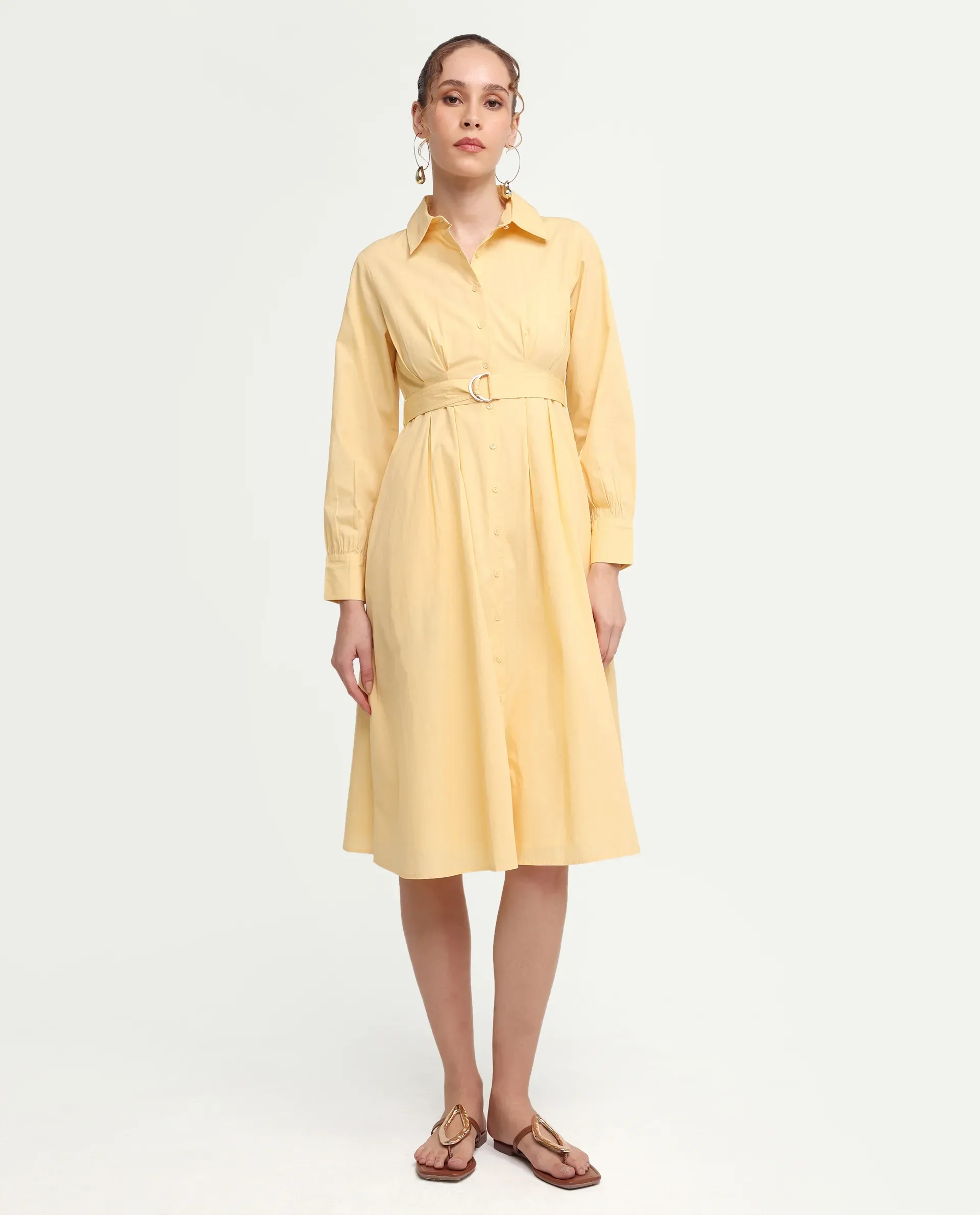 Rareism Women's Misar Light Yellow Cotton Blend Full Sleeve Spread Collar A-Line Dress - Image 4