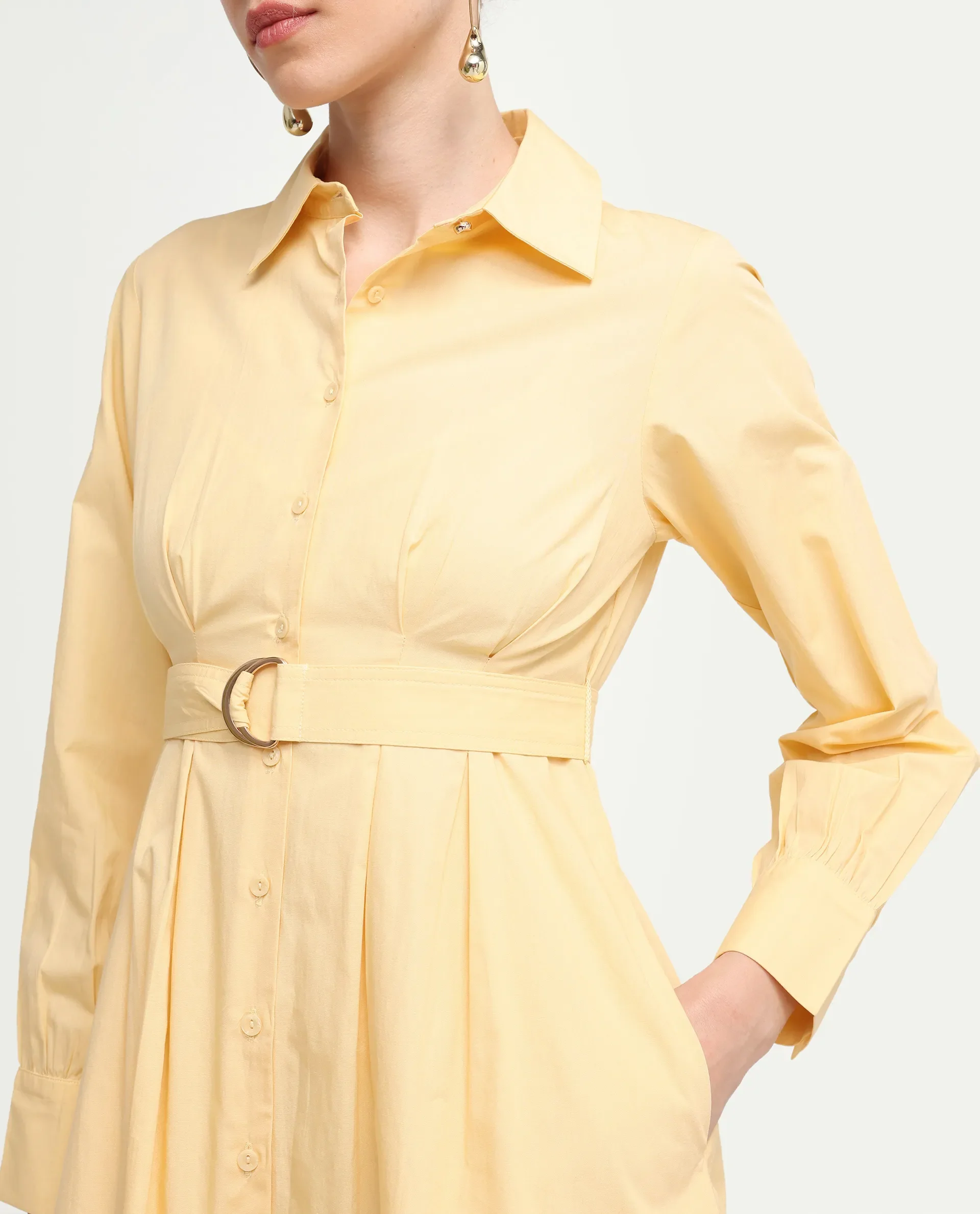 Rareism Women's Misar Light Yellow Cotton Blend Full Sleeve Spread Collar A-Line Dress - Image 5