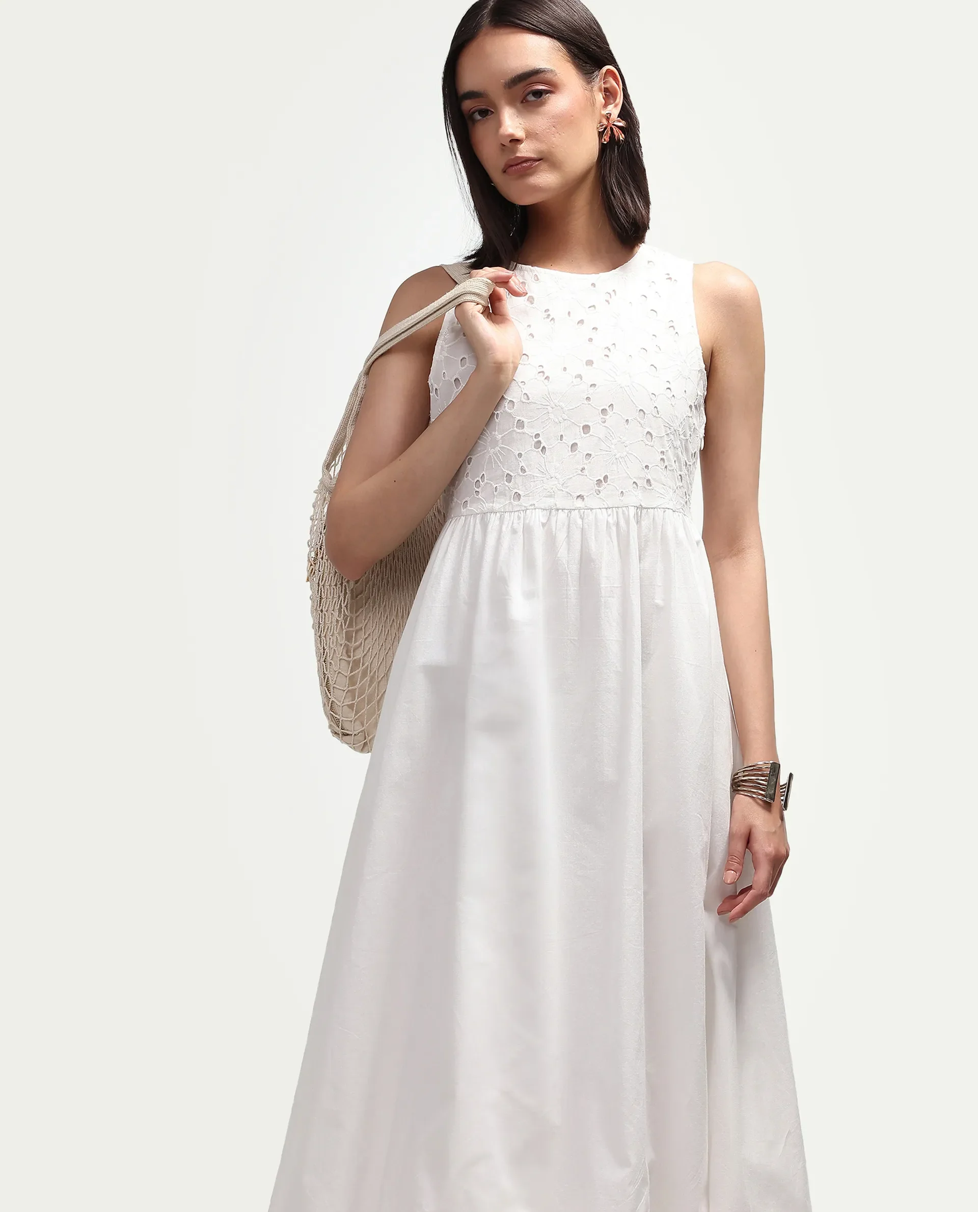Rareism Women's Miso Off White Cotton Blend Sleeveless Round Neck Fit And Flare Schiffli Dress - Image 2