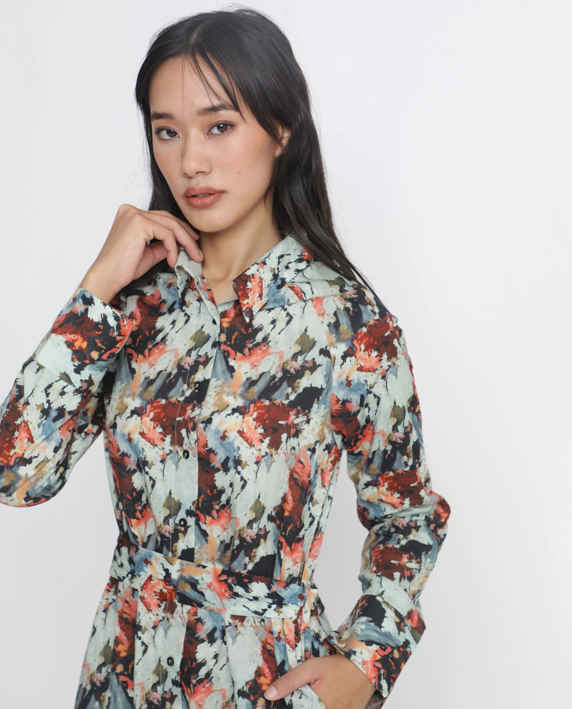 Rareism Women's Mitchell Multi Cotton Spread Collar Abstract Print Knee Length Regular Fit Dress