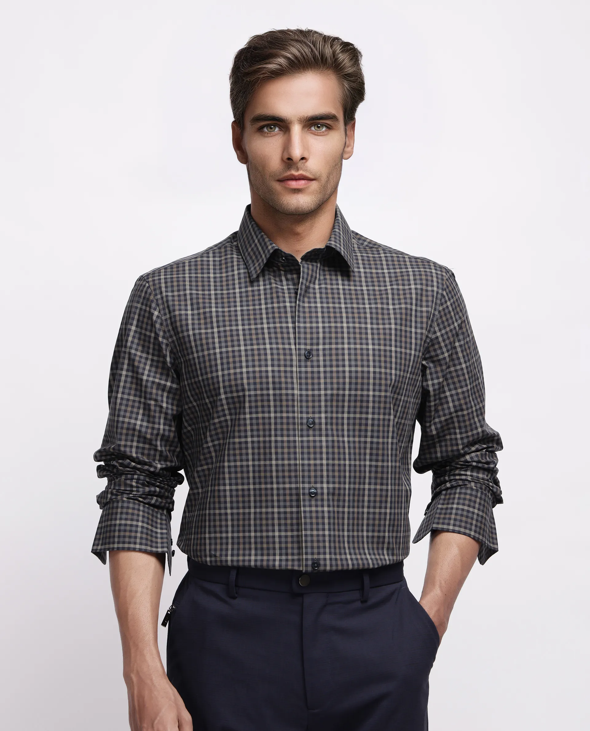 Rare Rabbit Men's Mito-1 Black Cotton Checked Print Regular Fit Full Sleeve Collared Shirt