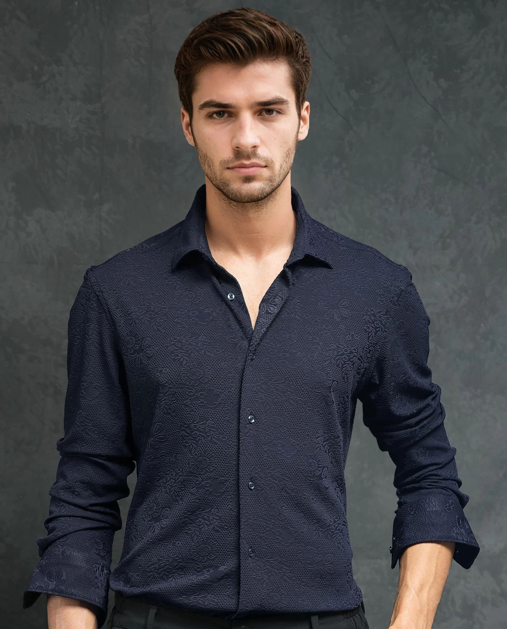 Rare Rabbit Men's Molen Navy Cotton Jacquard Regular Fit Full Sleeve Collared Shirt