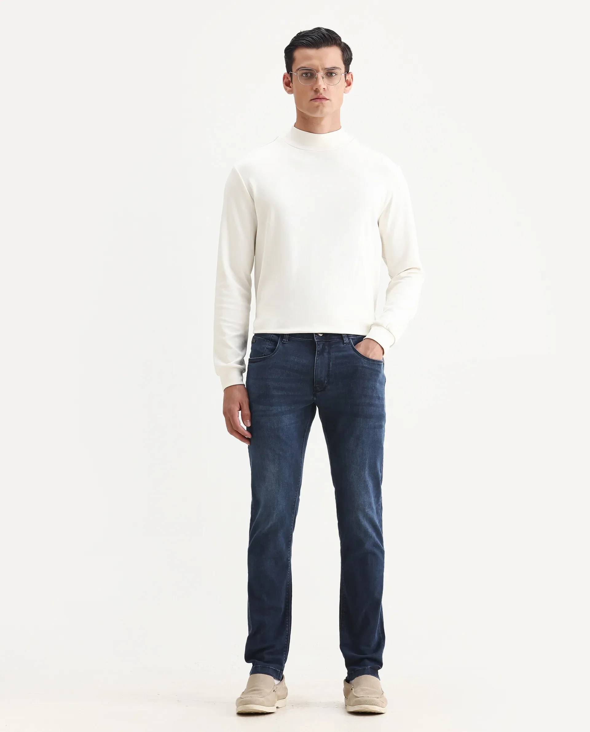 Rare Rabbit Men's Monaco Navy Cotton Plain Hawk Slim Fit Jeans