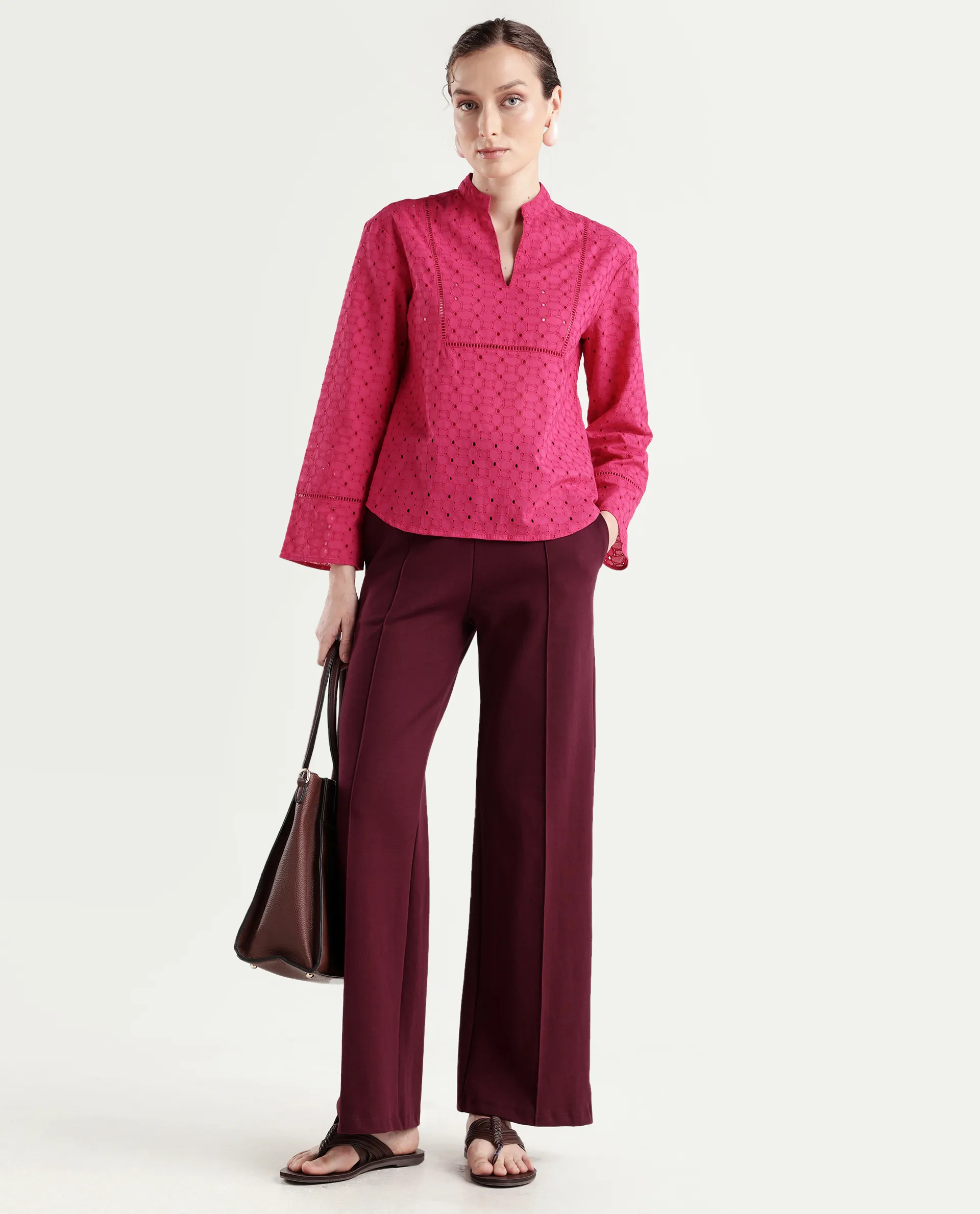 Rareism Women's Monet Pink Cotton Blend Full Sleeve Mandarin Collar Regular Schiffli Top - Image 2