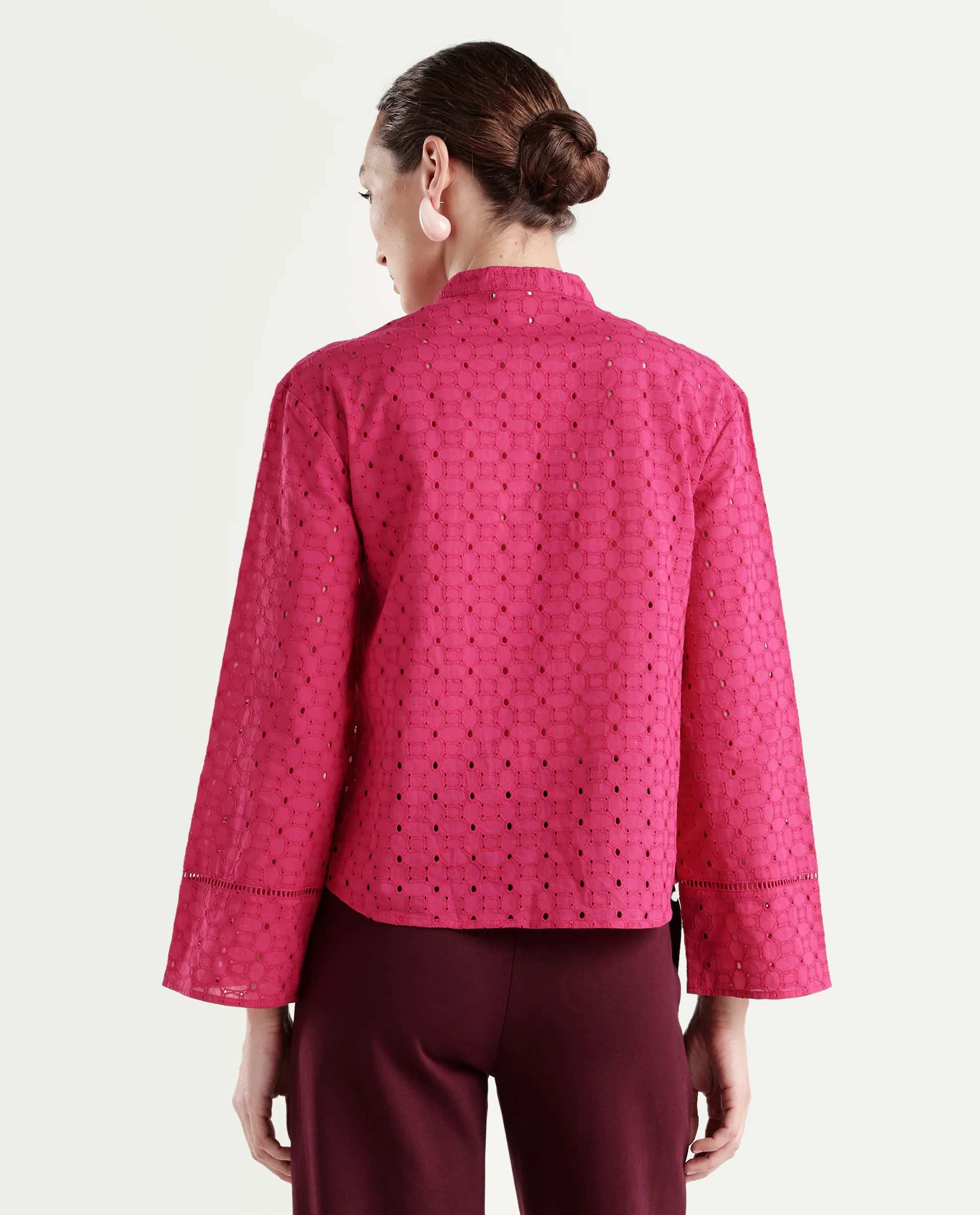Rareism Women's Monet Pink Cotton Blend Full Sleeve Mandarin Collar Regular Schiffli Top - Image 7