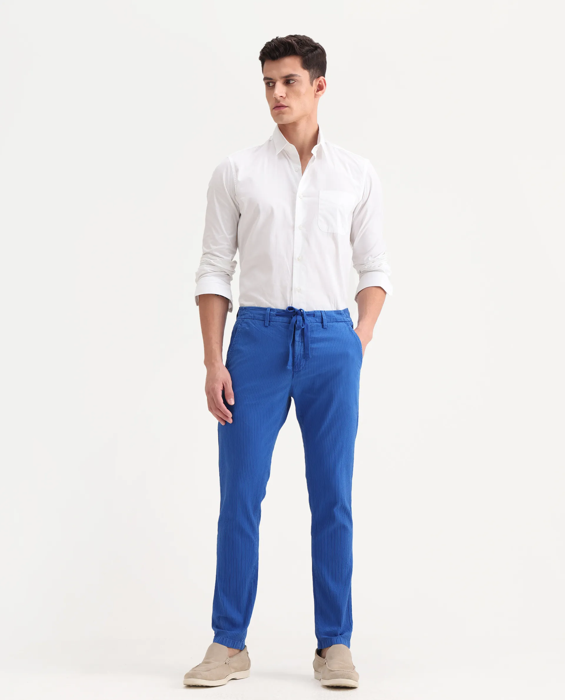 Rare Rabbit Men's Monter Fluorescent Blue Cotton Striped Print Regular Fit Trouser - Image 4