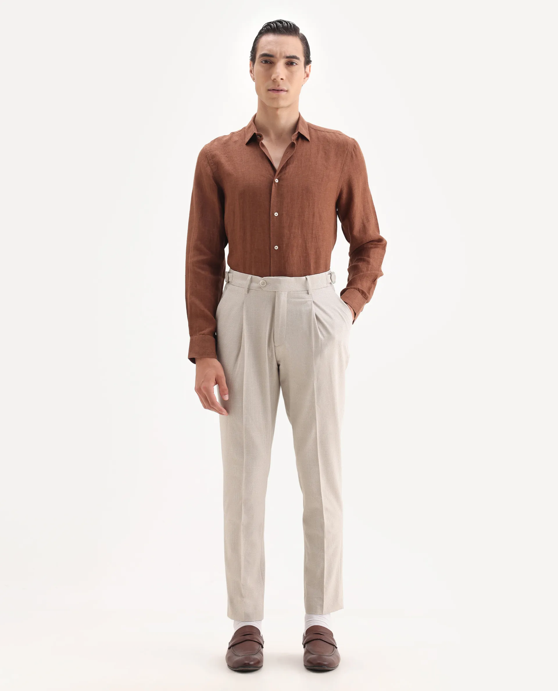 Rare Rabbit Men's Morst Beige Cotton Blend Checked Print Relaxed Fit Trouser