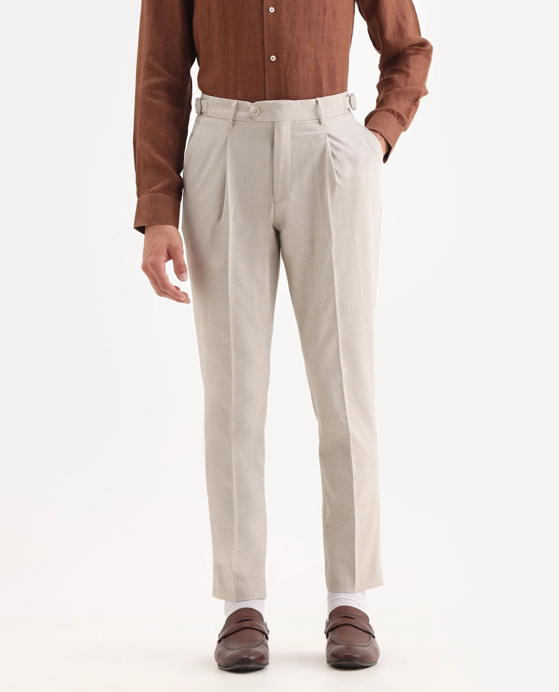 Rare Rabbit Men's Morst Beige Cotton Blend Checked Print Relaxed Fit Trouser - Image 2