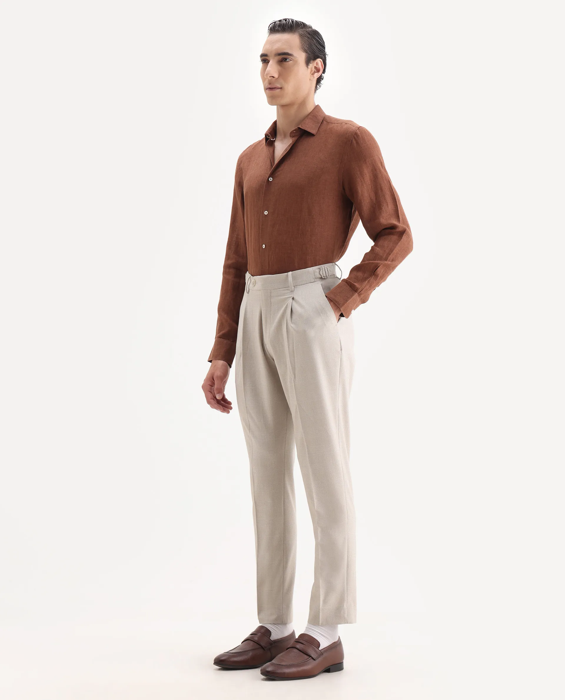 Rare Rabbit Men's Morst Beige Cotton Blend Checked Print Relaxed Fit Trouser - Image 4