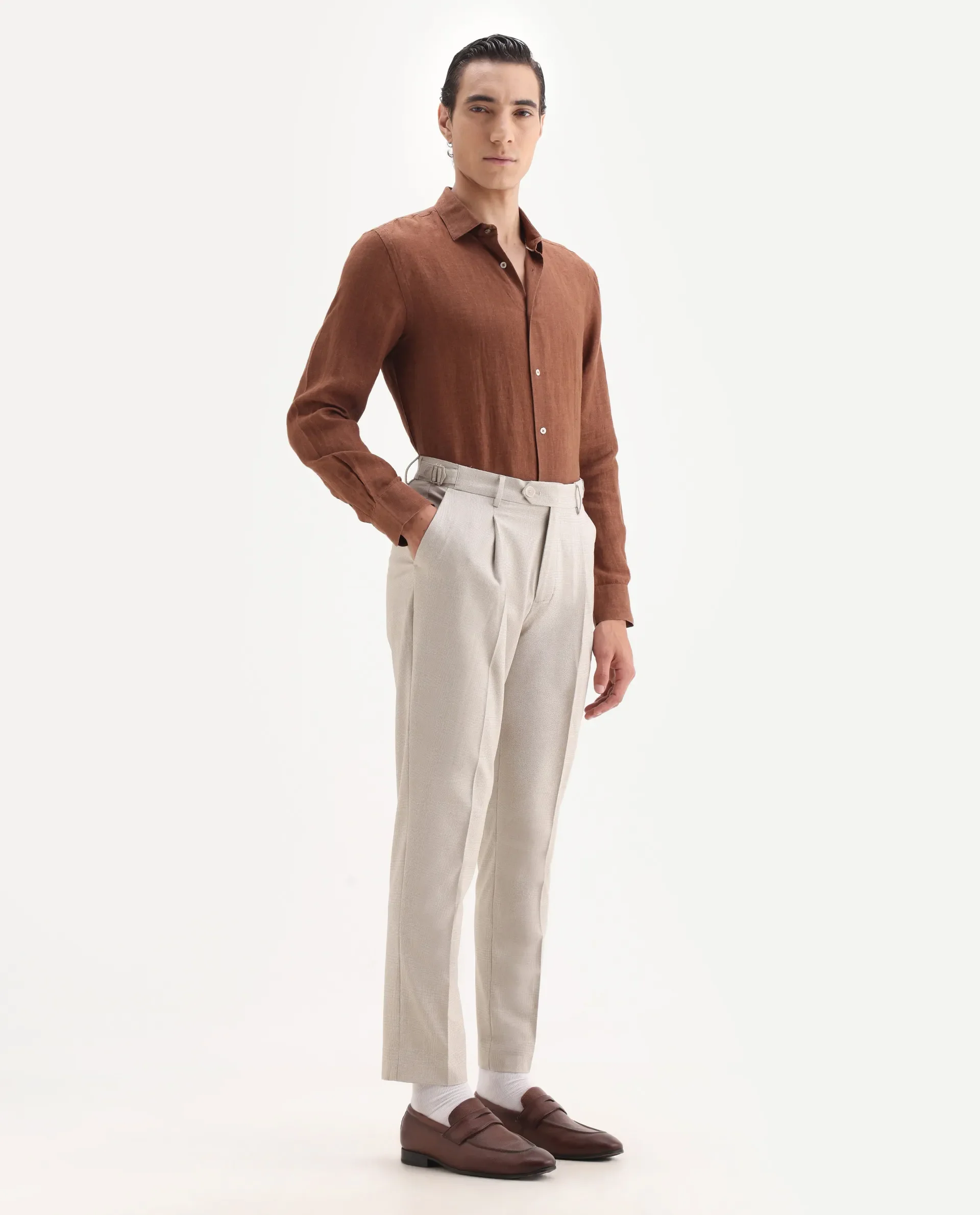 Rare Rabbit Men's Morst Beige Cotton Blend Checked Print Relaxed Fit Trouser - Image 5