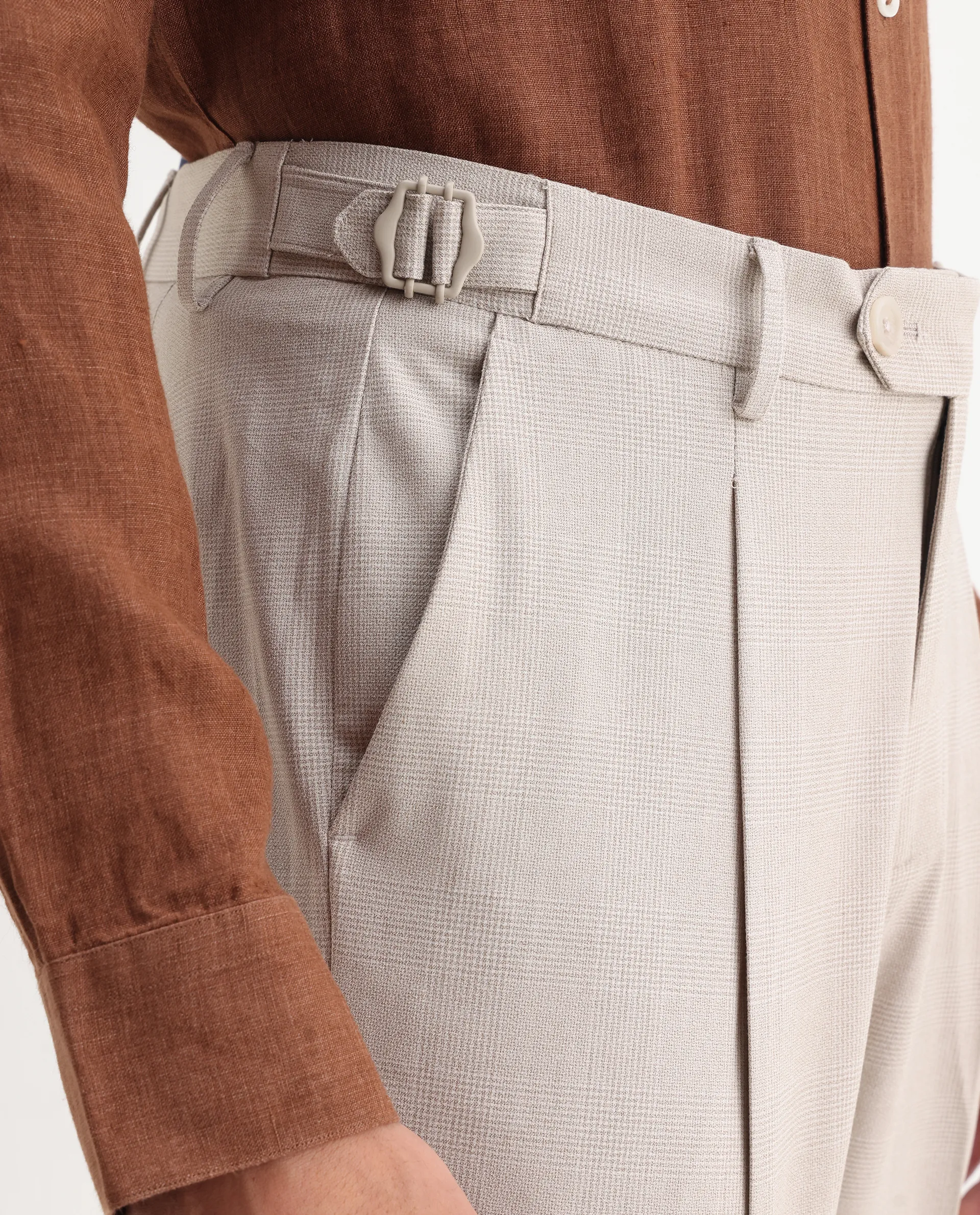 Rare Rabbit Men's Morst Beige Cotton Blend Checked Print Relaxed Fit Trouser - Image 6